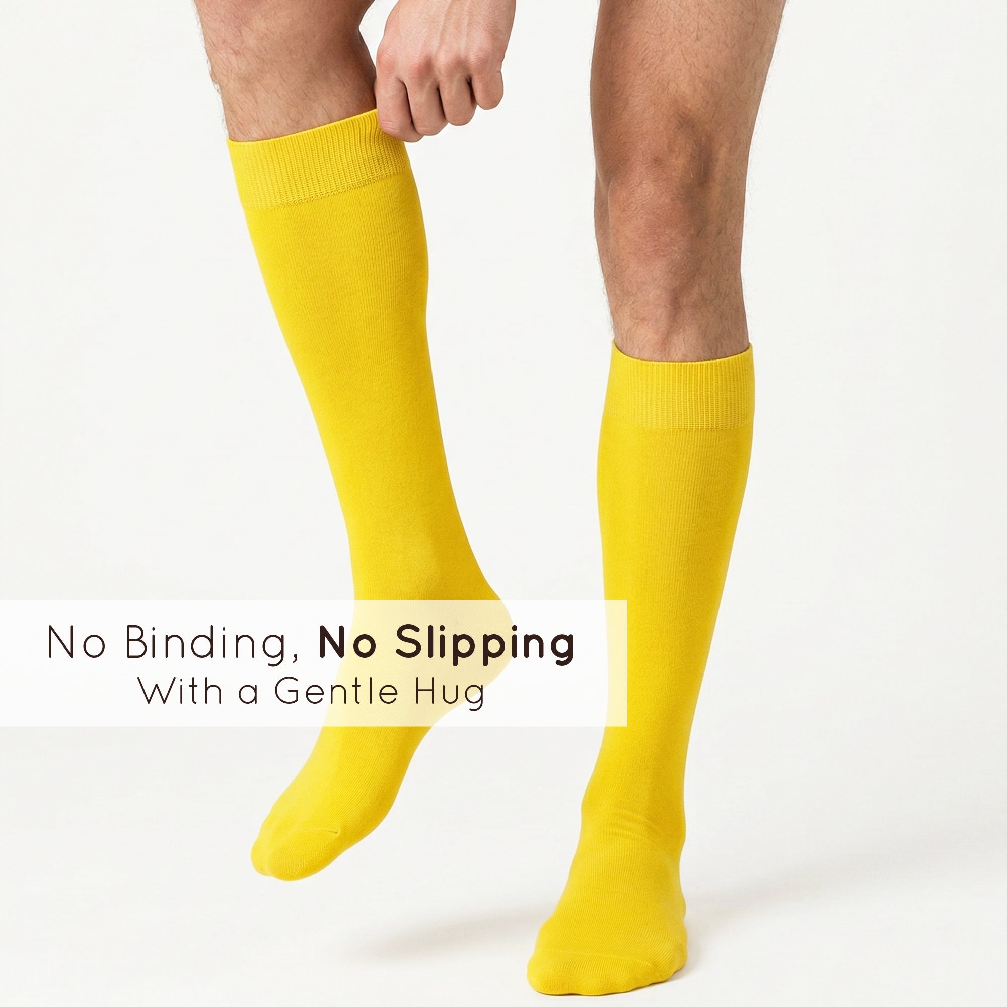 Unisex wearing yellow Mysocks knee-high combed cotton socks