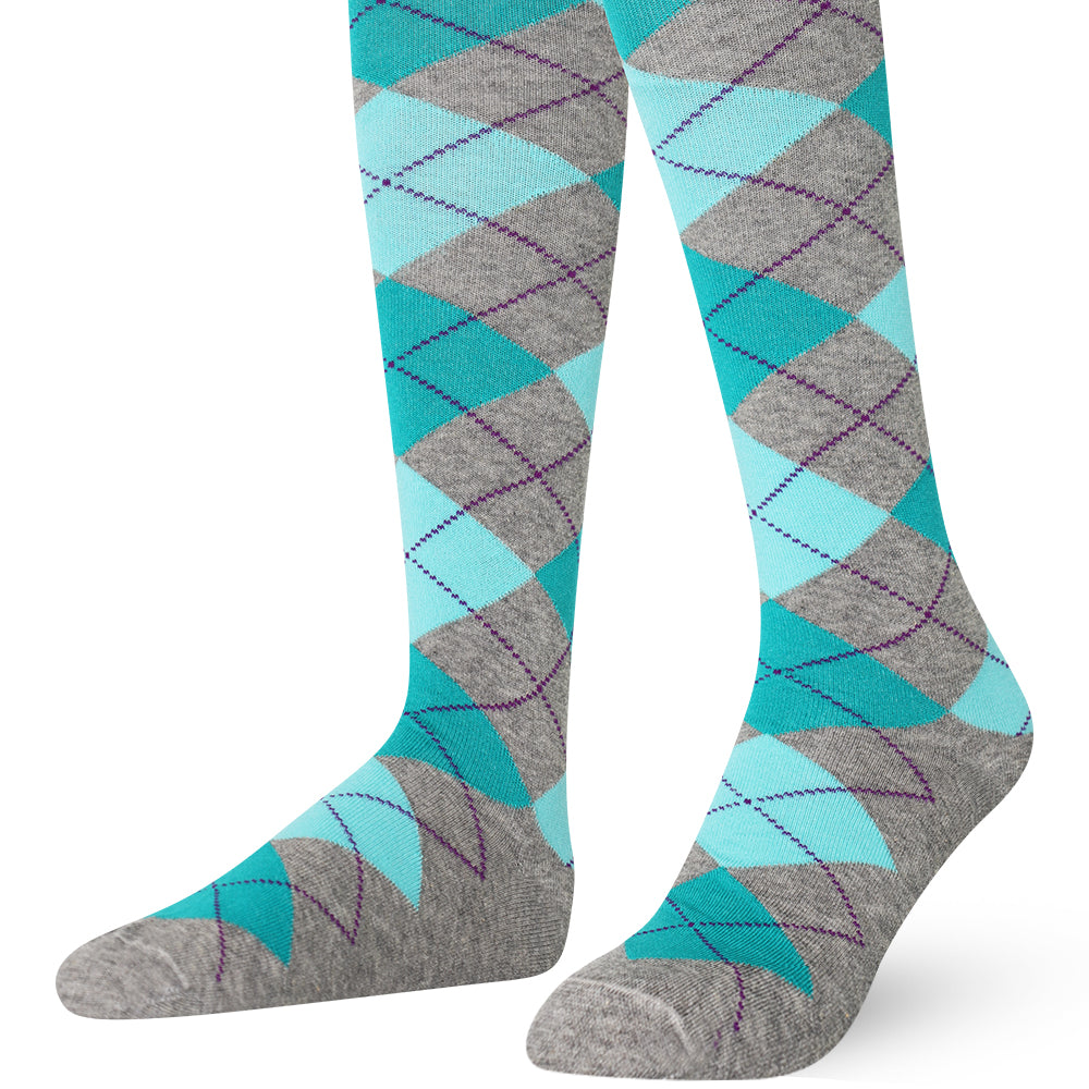 Pair of knee-high socks with Blue and gray argyle pattern