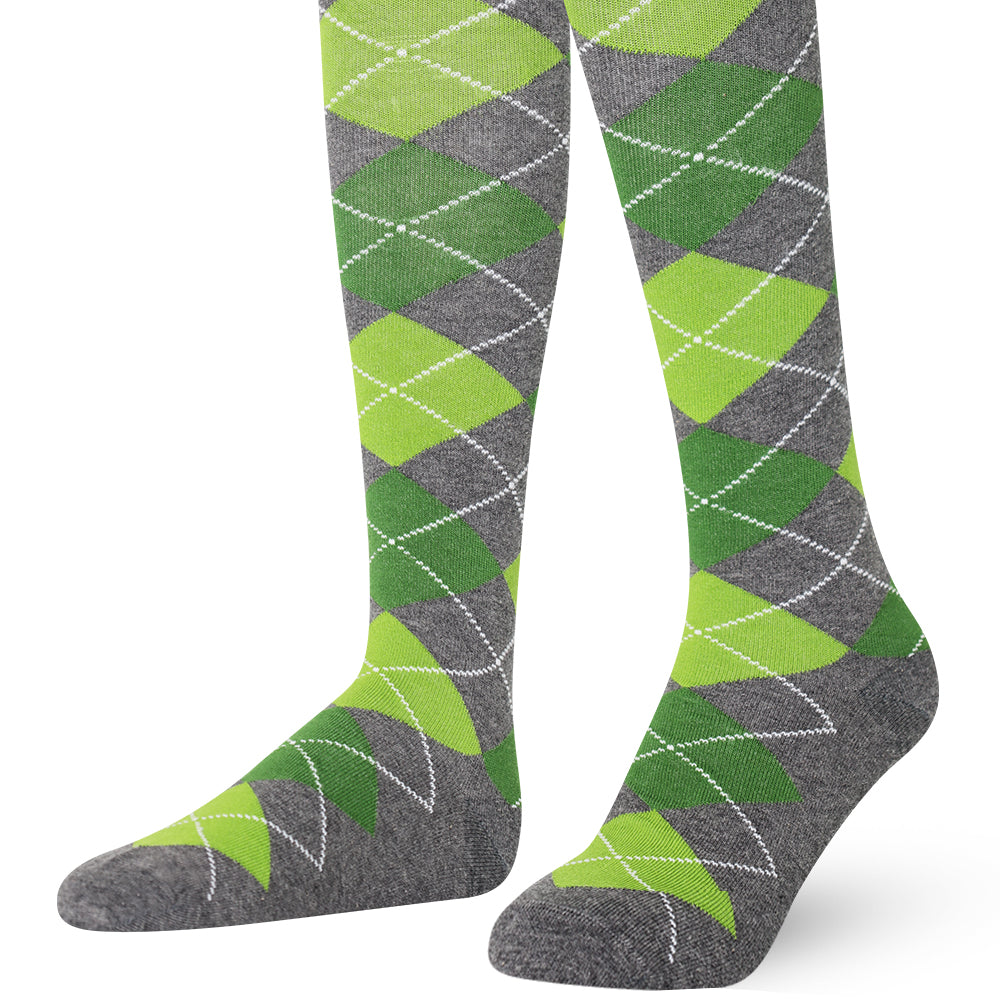 Gray knee-high socks with green argyle pattern
