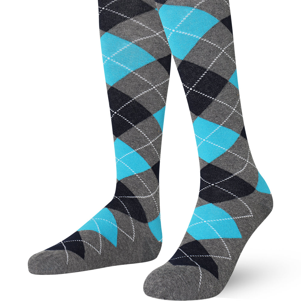 Gray and blue argyle patterned knee-high socks