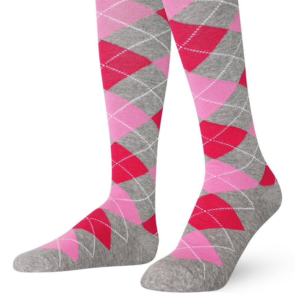 Pair of knee-high socks with pink and gray argyle pattern