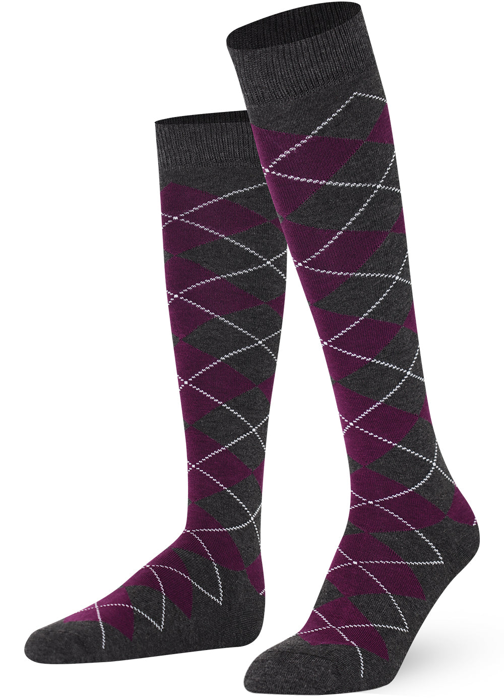Pair of knee-high socks with purple and gray argyle pattern