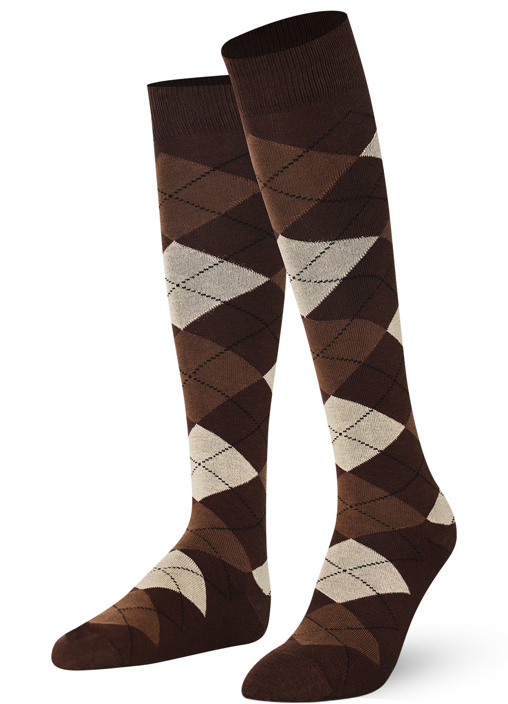 Pair of brown and beige argyle patterned knee-high socks