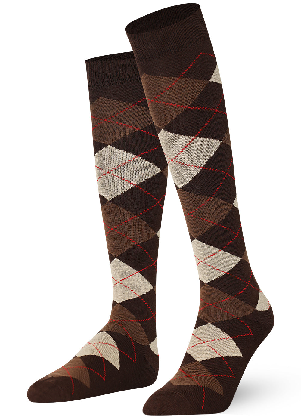 Pair of brown knee-high socks with argyle pattern