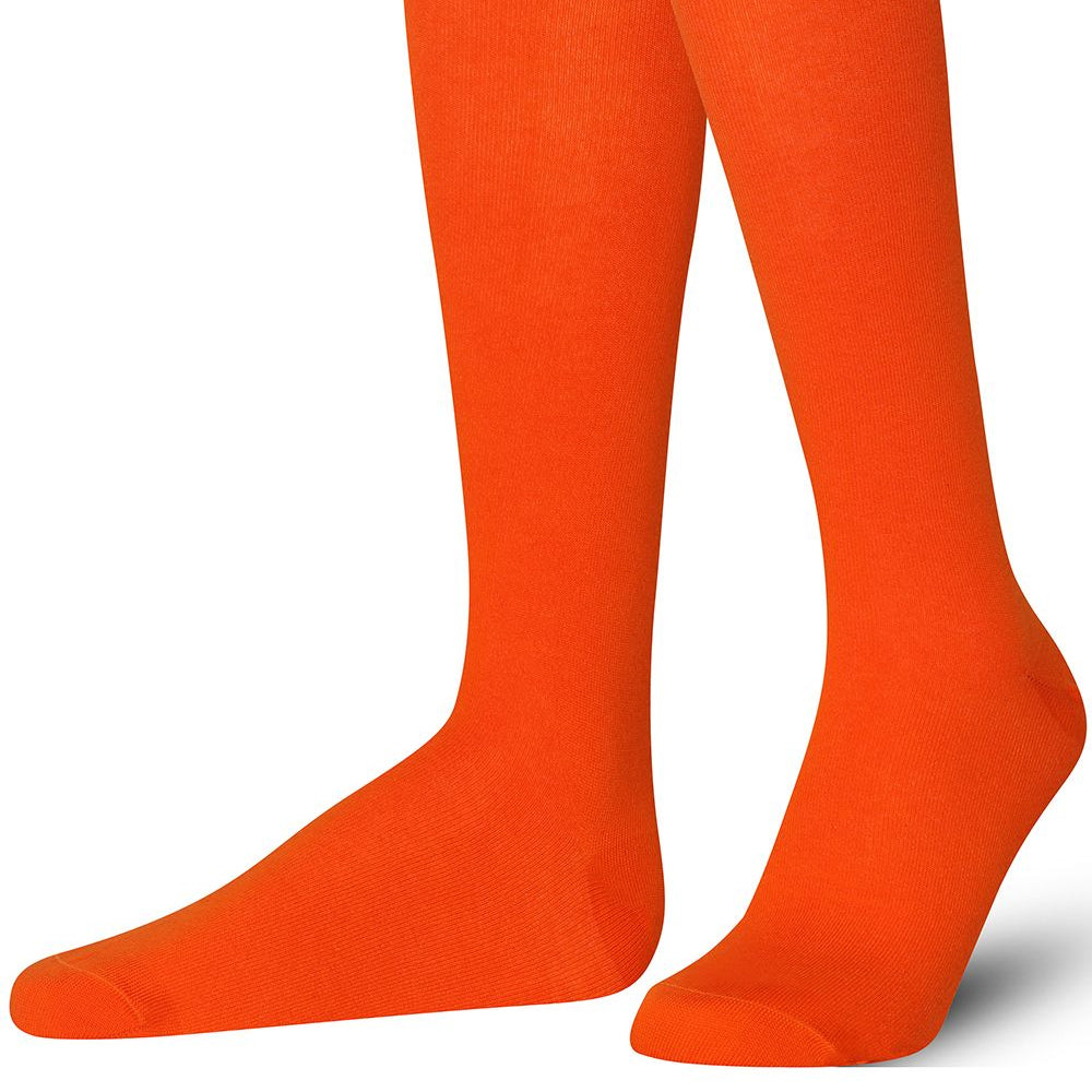 Unisex wearing orange Mysocks knee-high combed cotton socks