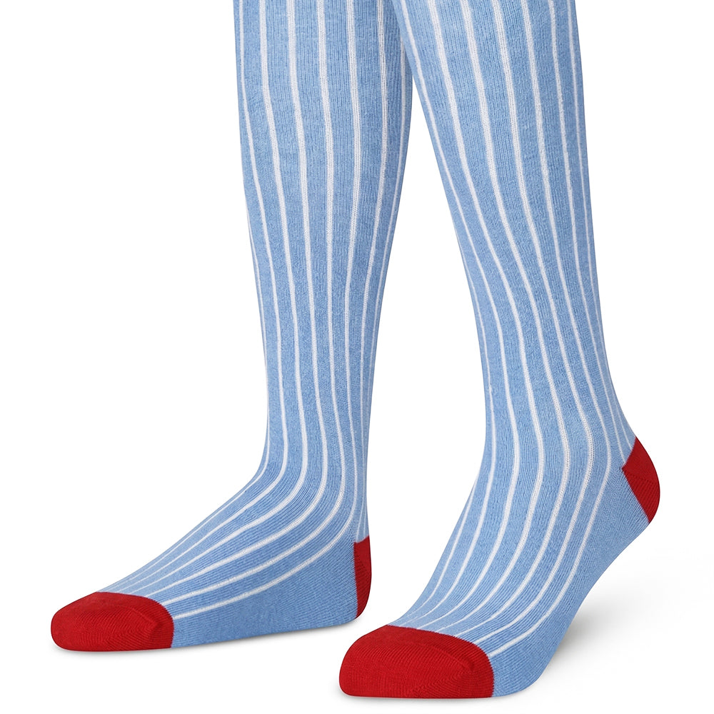 Knee-high socks with blue and white ribbed and red accents