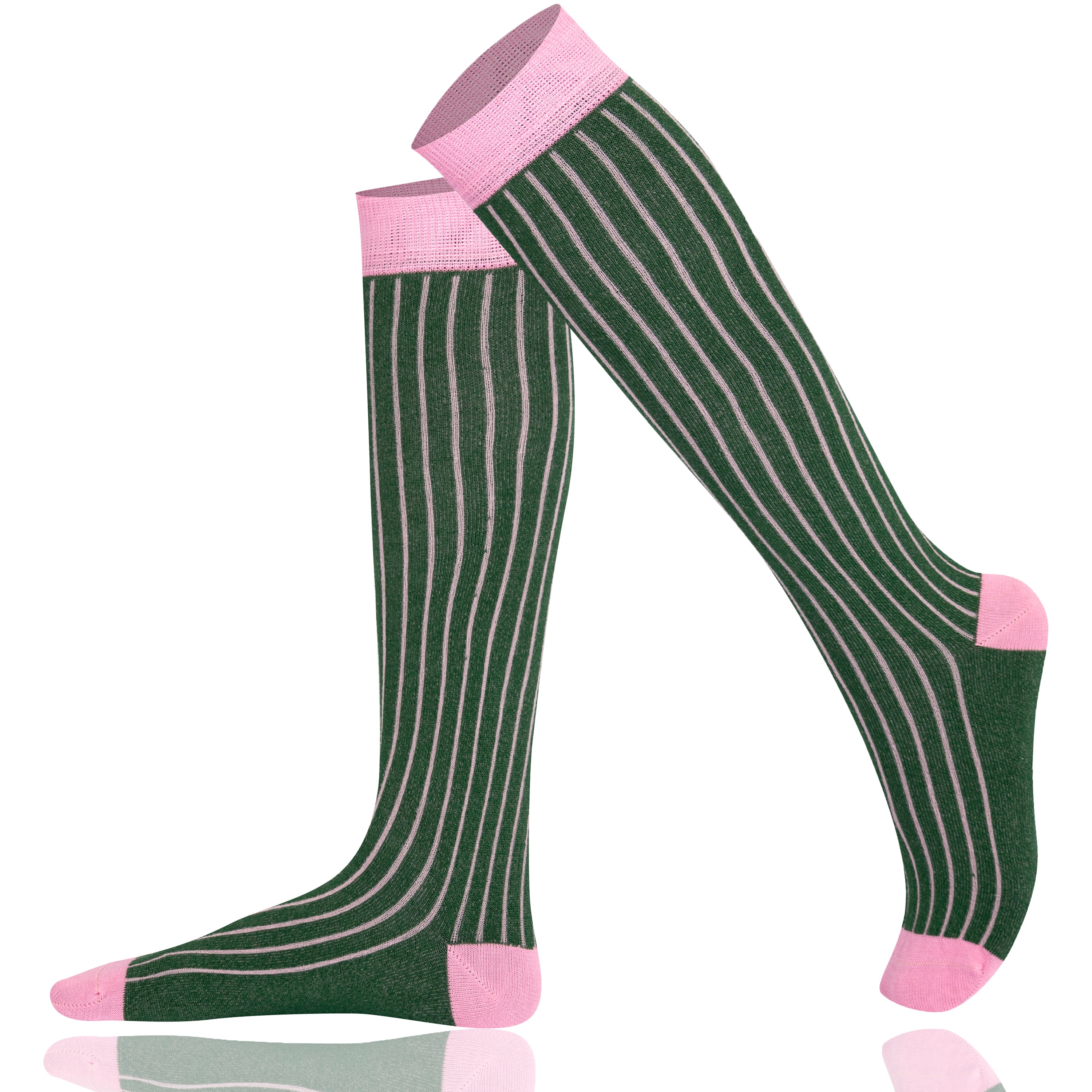 Ribbed Pine Green knee-high socks with pink accents