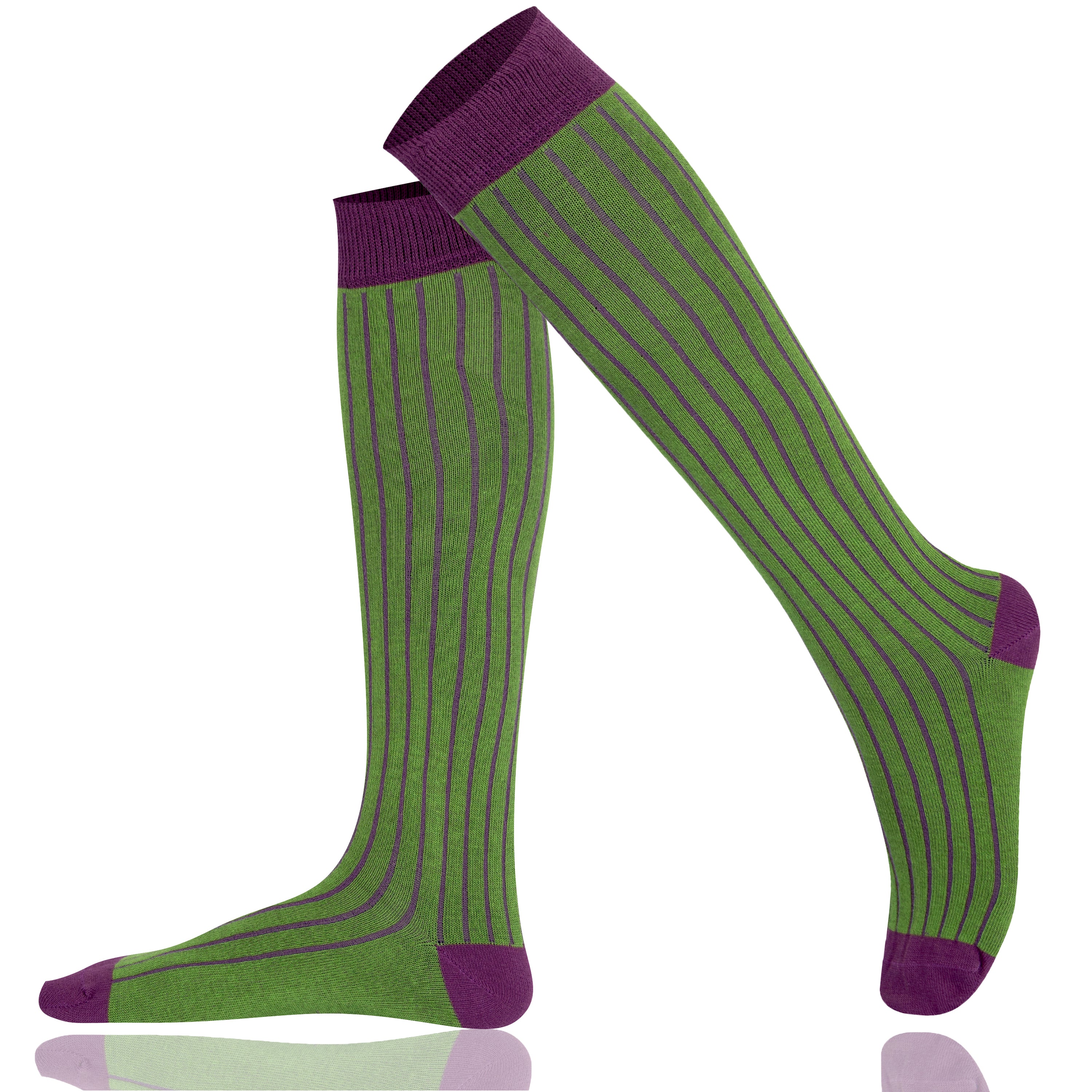 Ribbed Green knee-high socks with purple accents