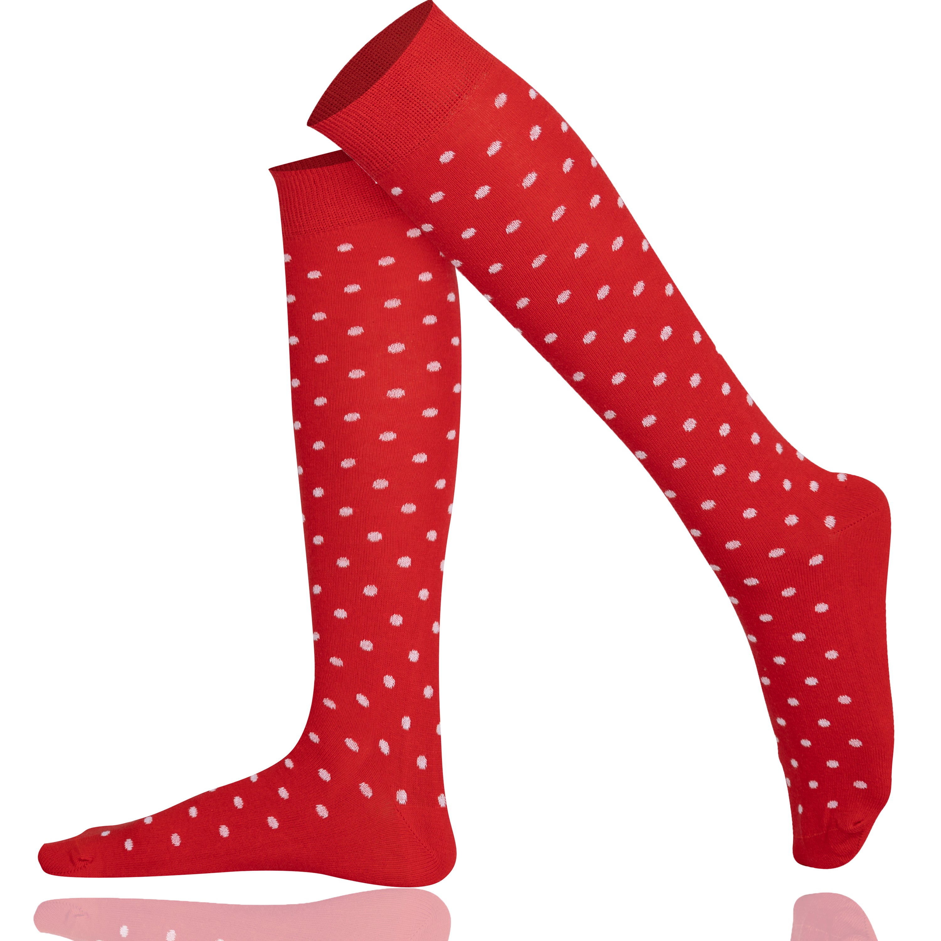 Red tights with white polka dots on a white background