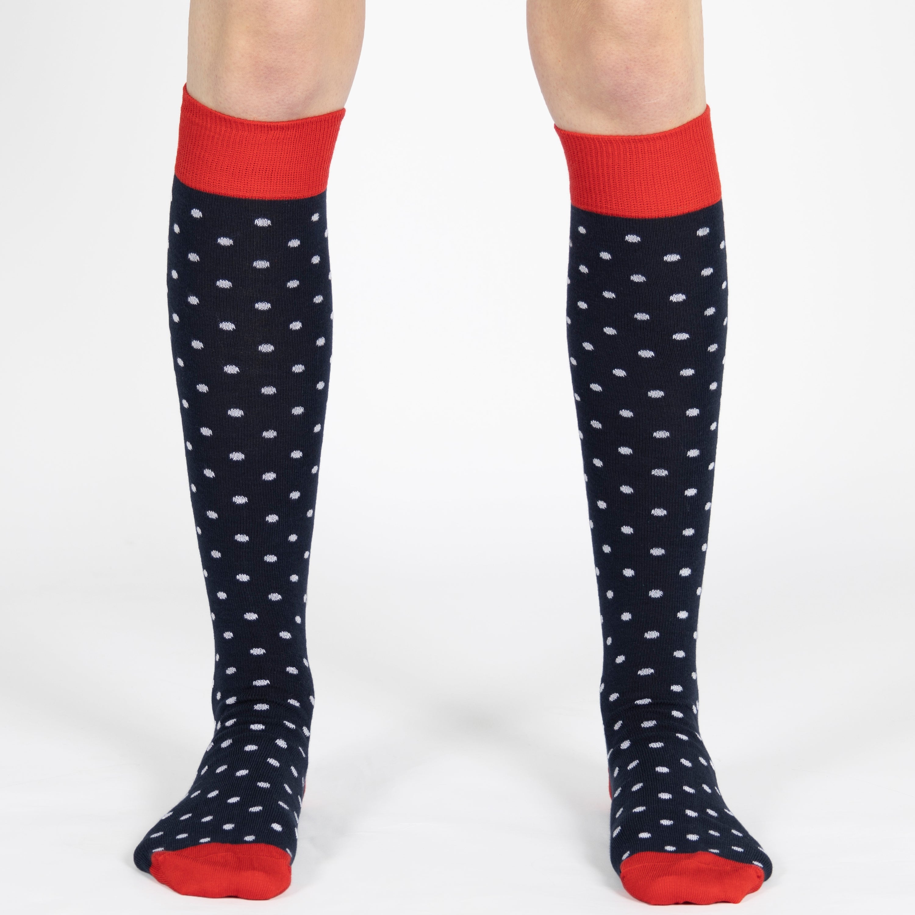 Navy knee-high socks with white polka dots