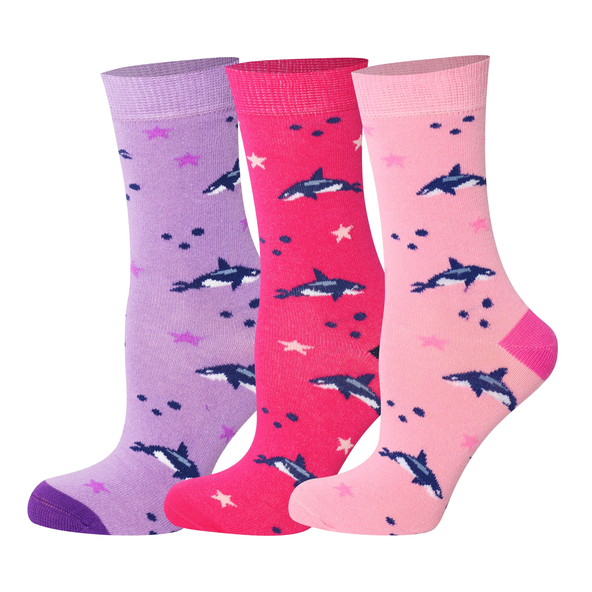 3 pairs of kids fish pattern crew socks in purple and pink with seamless toes.