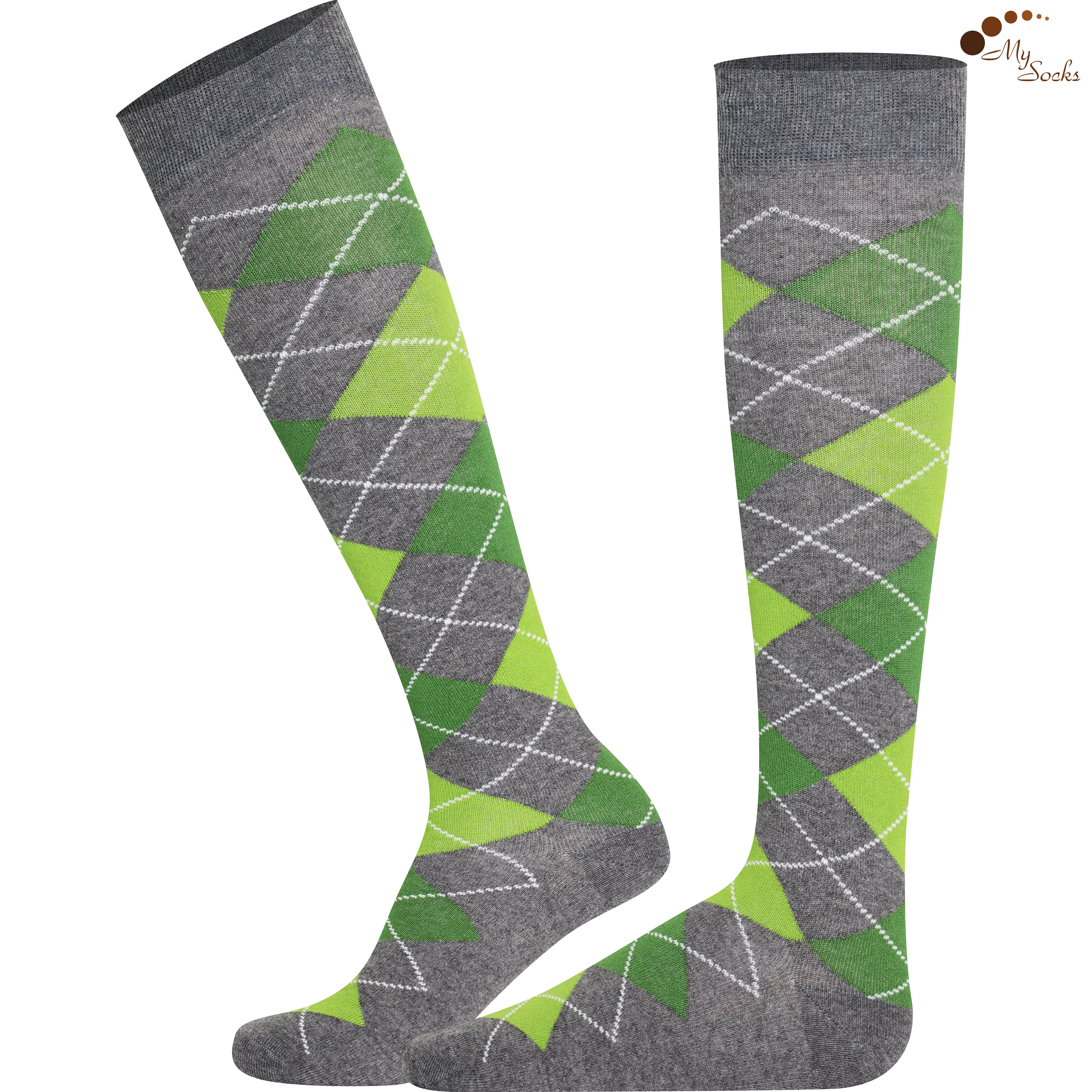 Gray and green argyle patterned knee-high socks on a white background