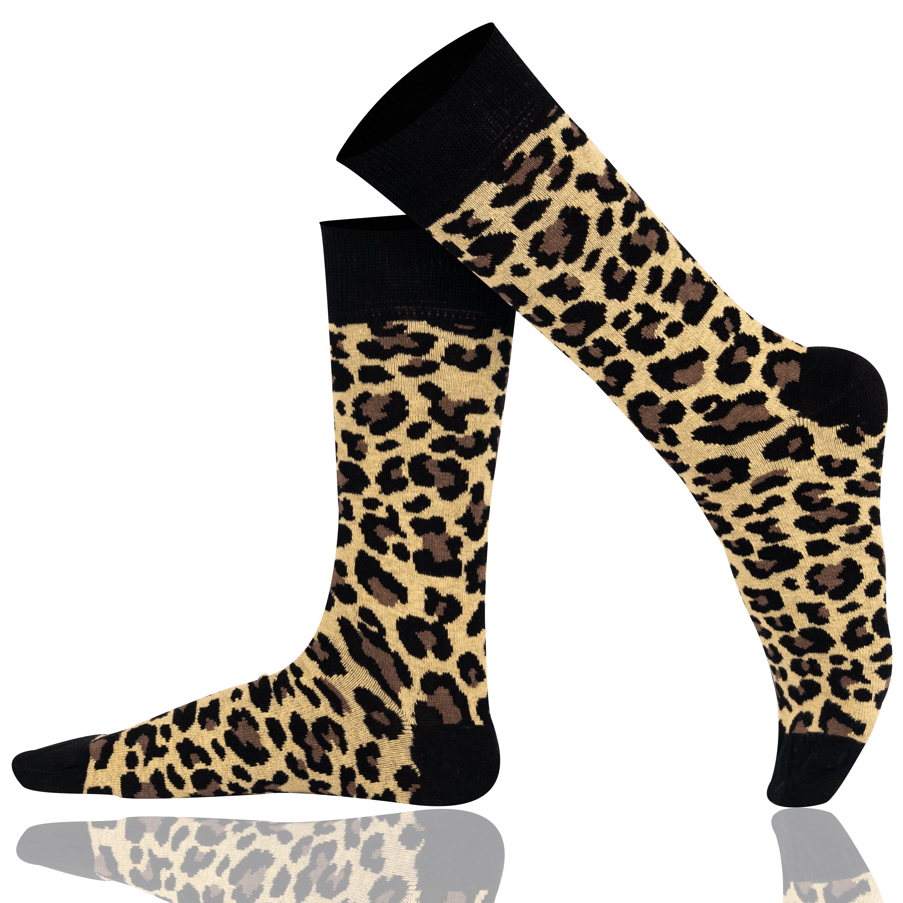 Leopard print socks with black cuffs on a white background