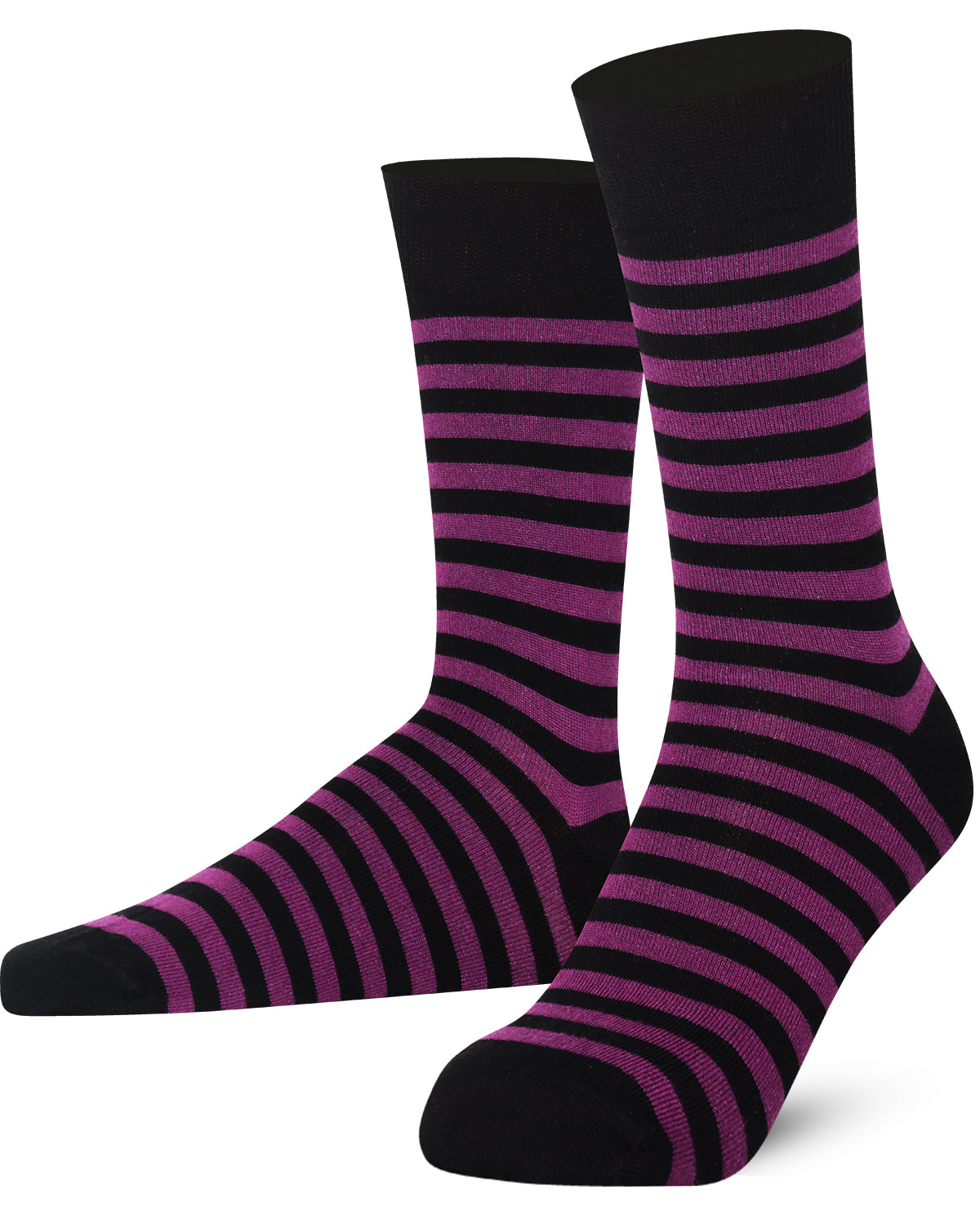 Unisex black and purple striped crew socks made of extra fine combed cotton.