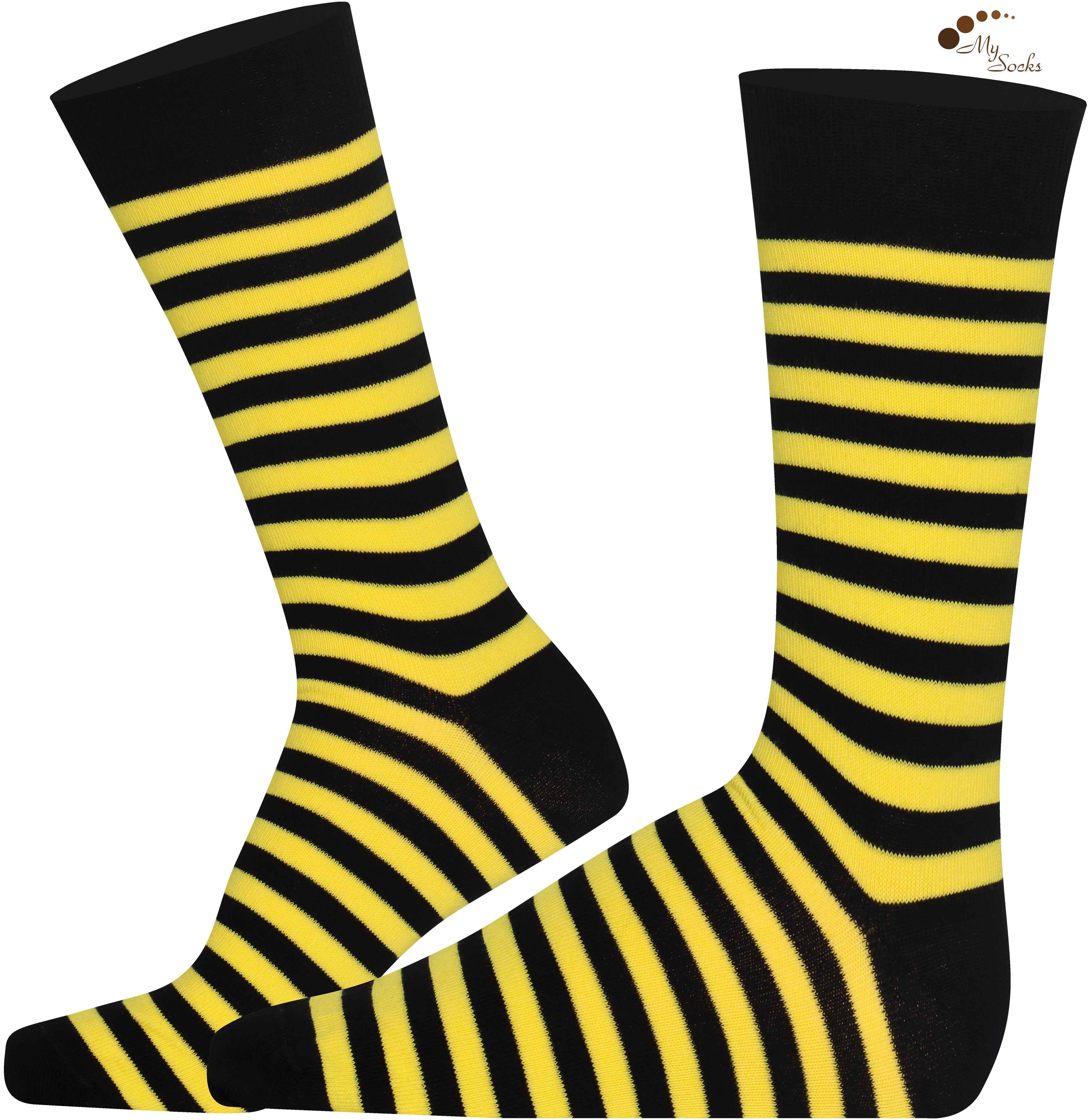 Unisex black and yellow striped crew socks made of extra fine combed cotton.