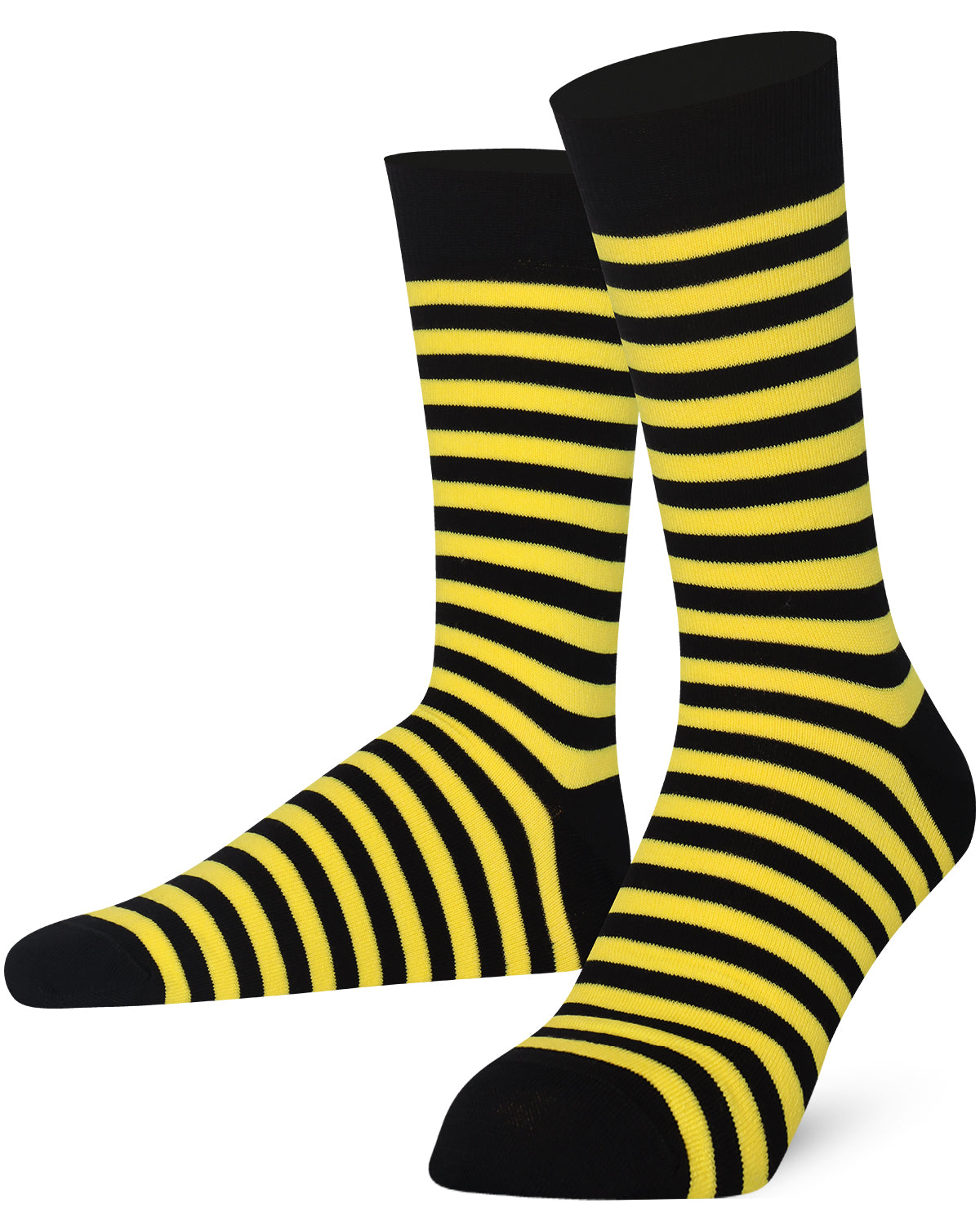 Unisex black and yellow striped crew socks made of extra fine combed cotton.