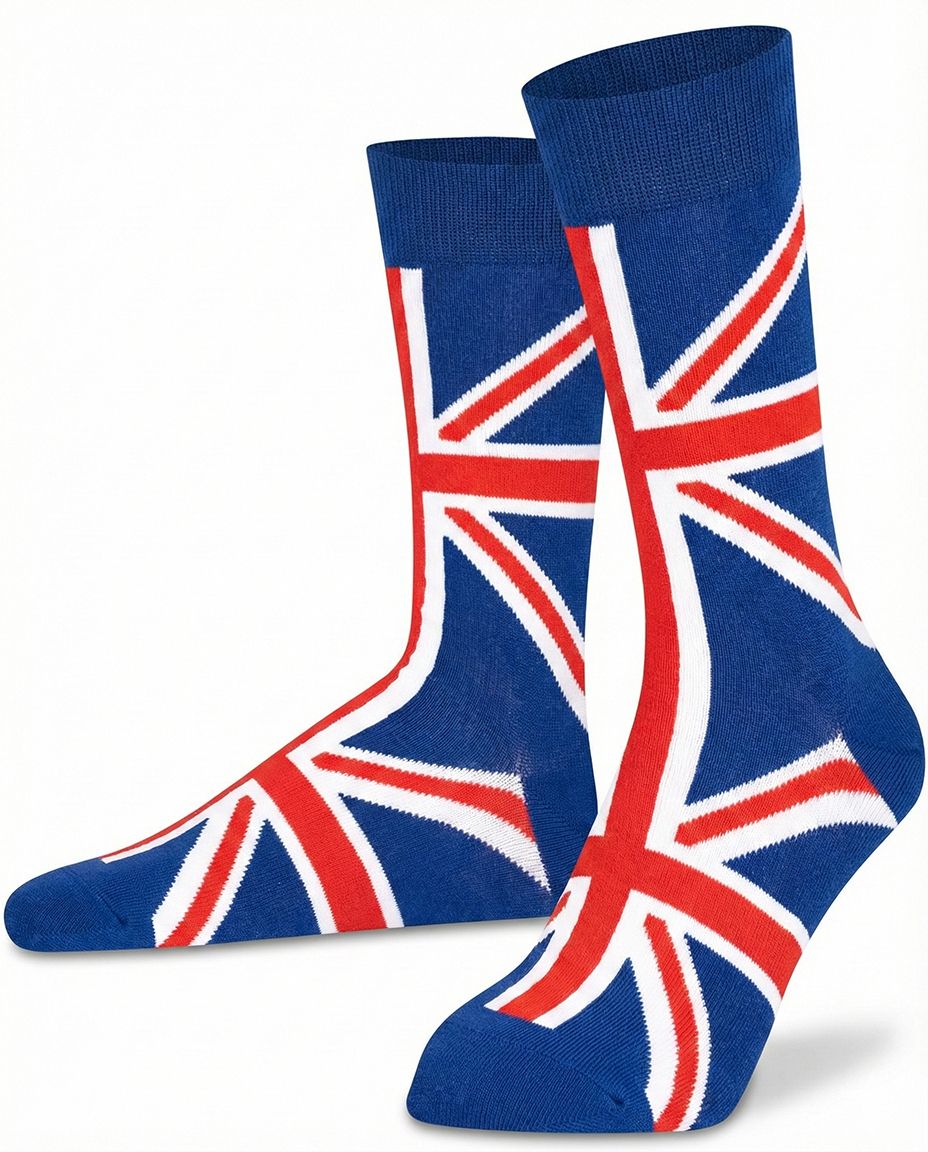 Unisex British flag Union Jack patterned extra fine combed cotton crew socks.