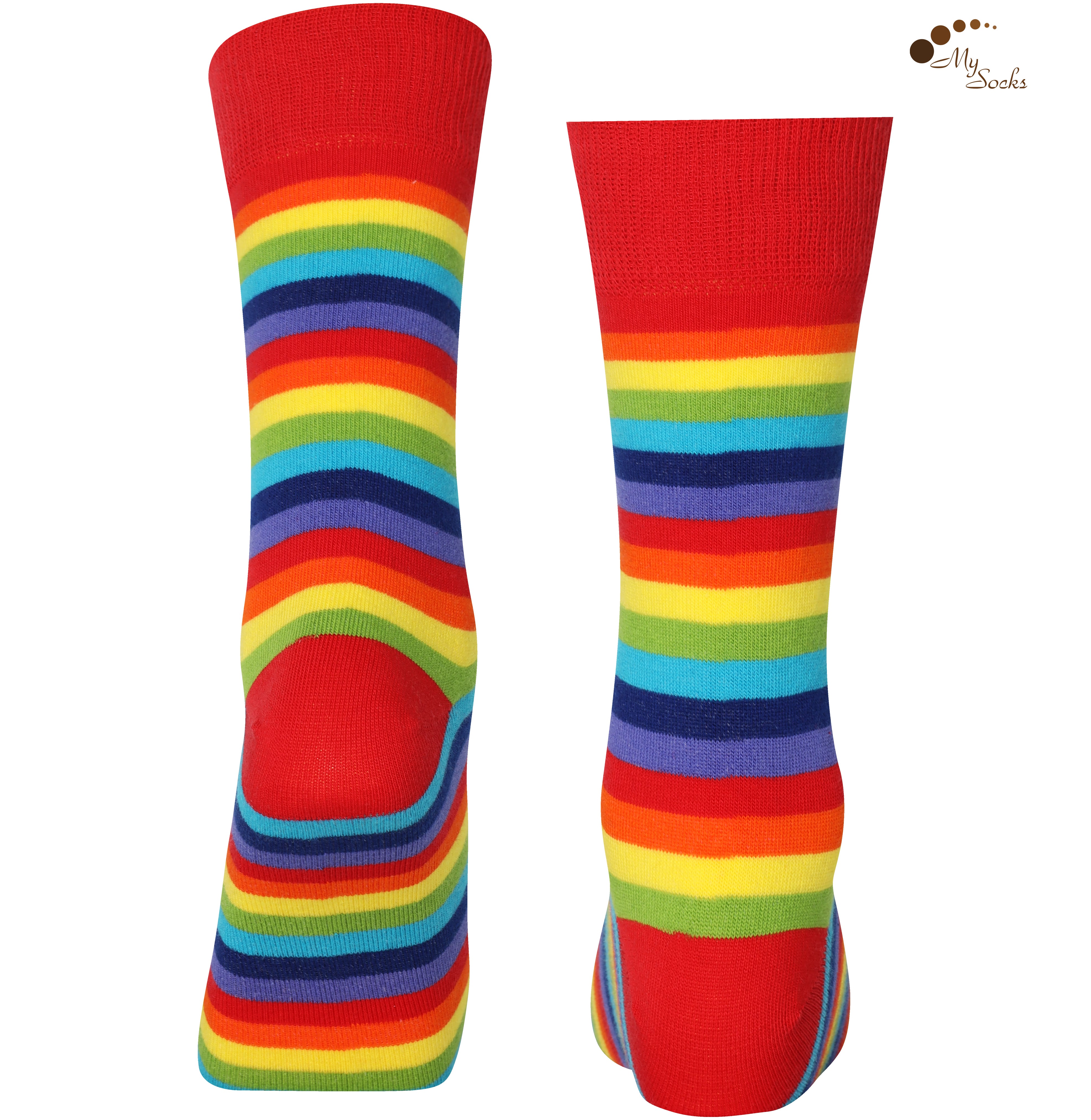 Mysocks unisex rainbow stripe crew socks made of cotton with a seamless toe design.