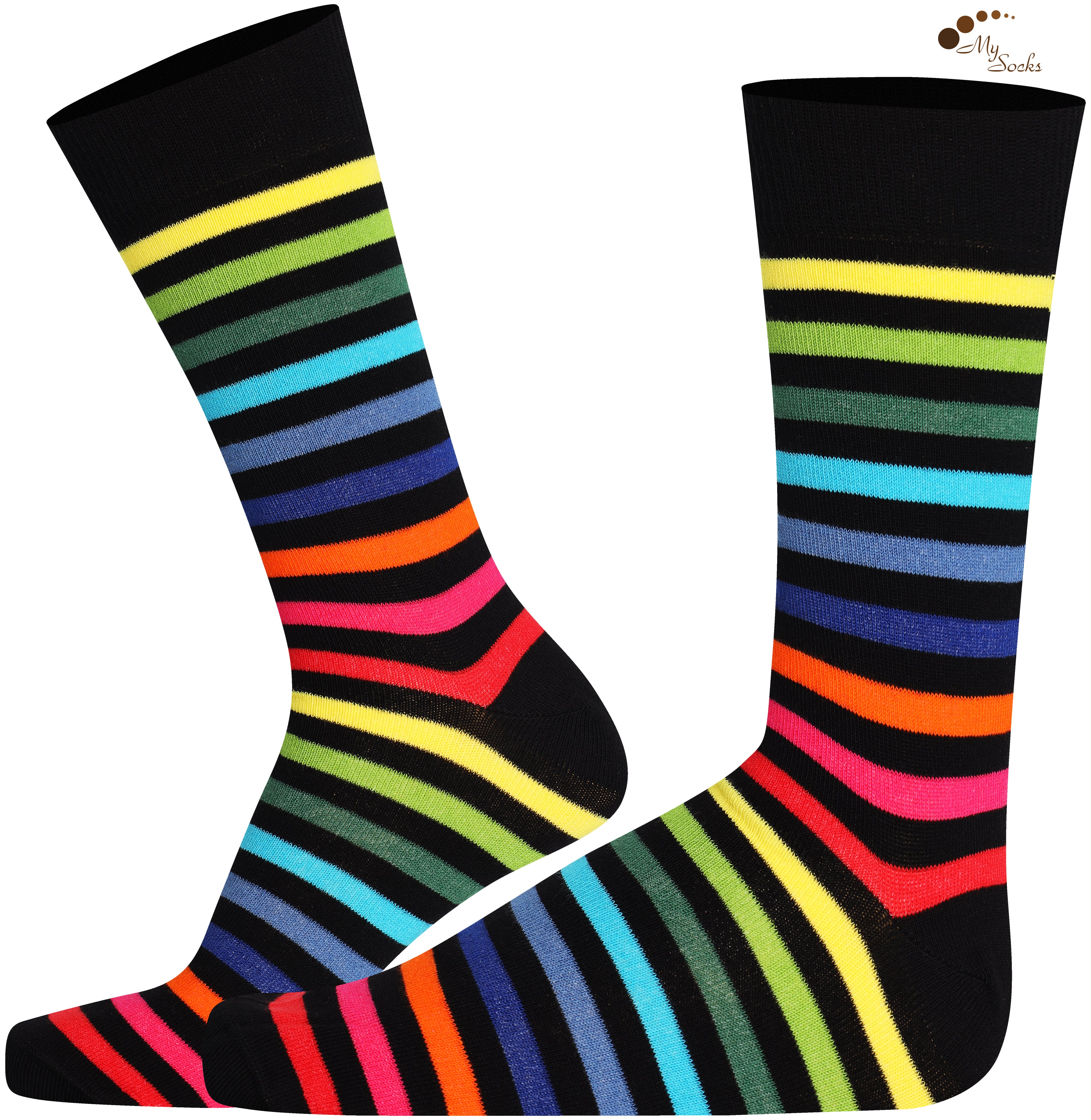 Mysocks unisex rainbow stripe crew socks made of cotton with a seamless toe design.