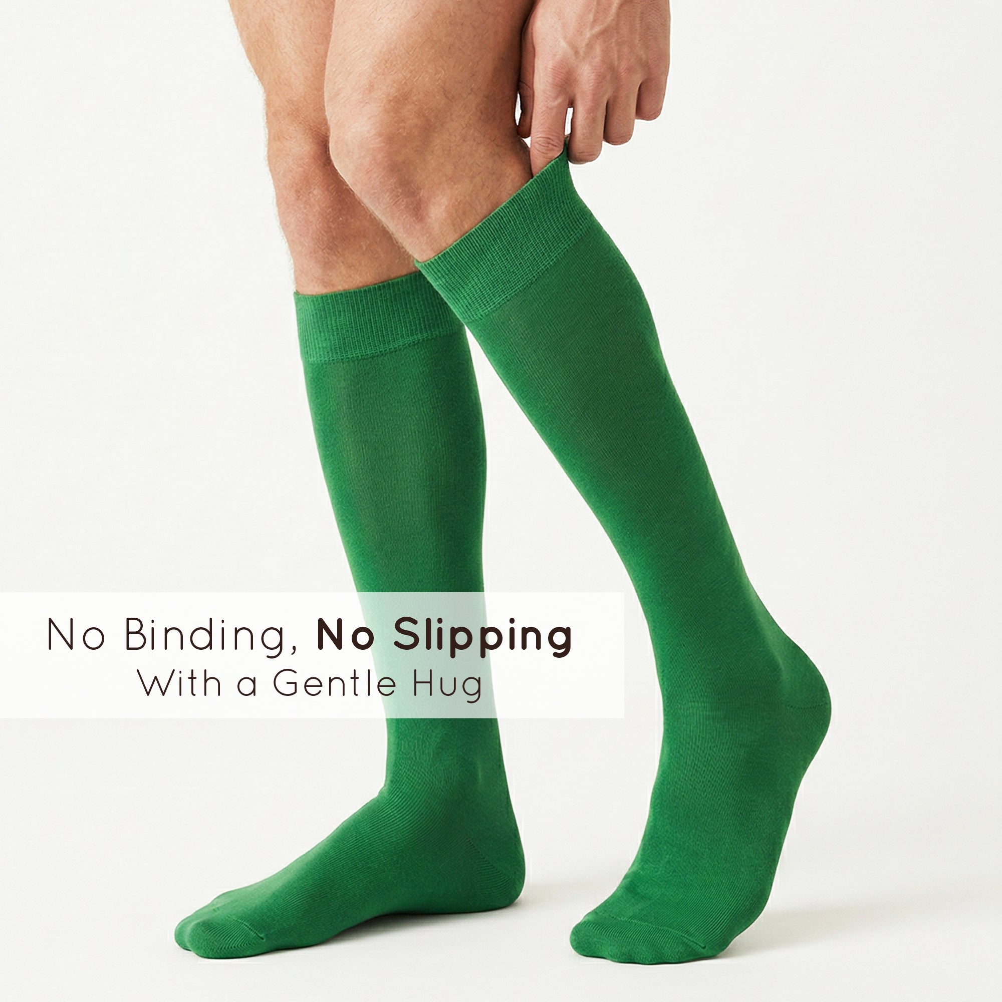 Unisex wearing green Mysocks knee-high combed cotton socks