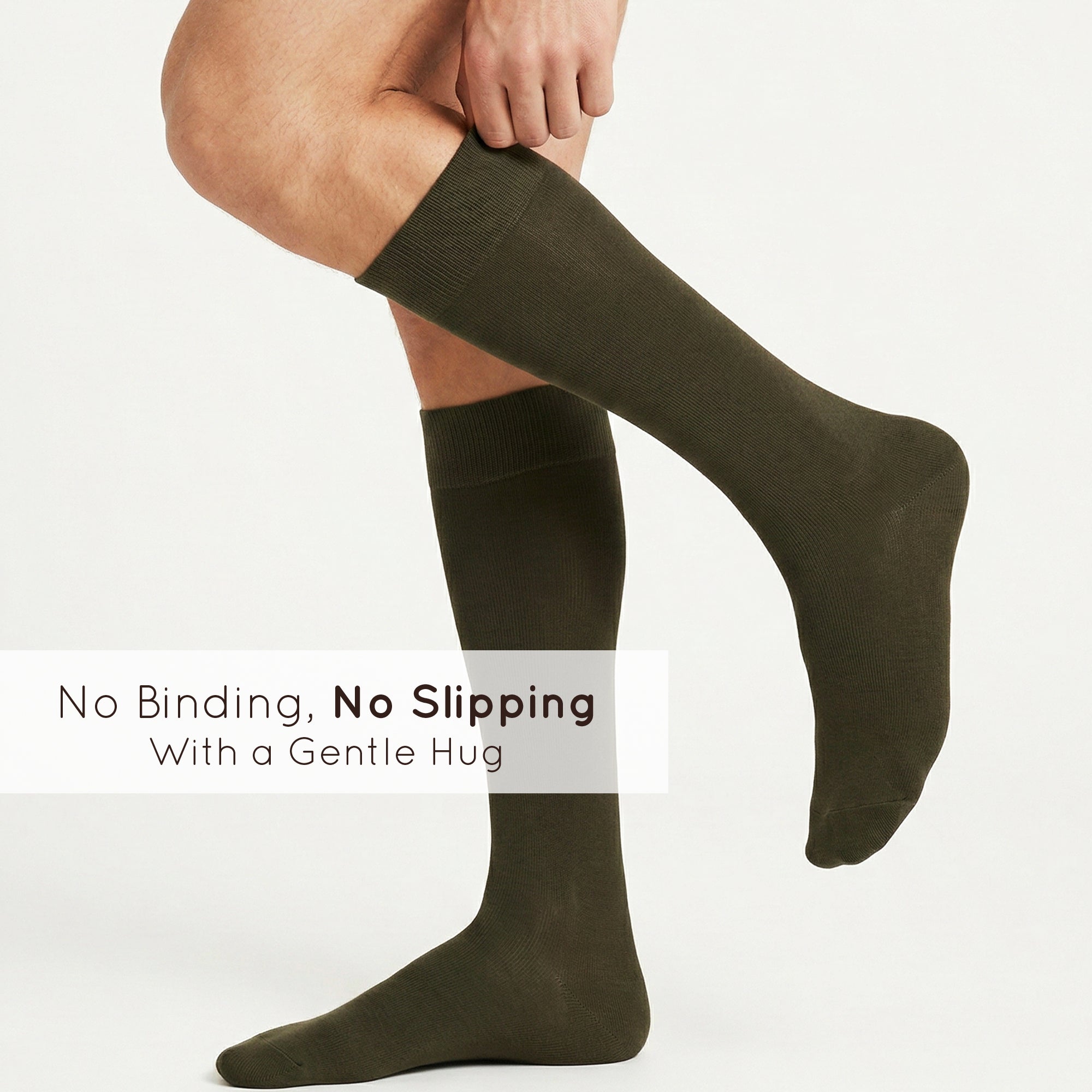 Unisex wearing khaki Mysocks knee-high combed cotton socks