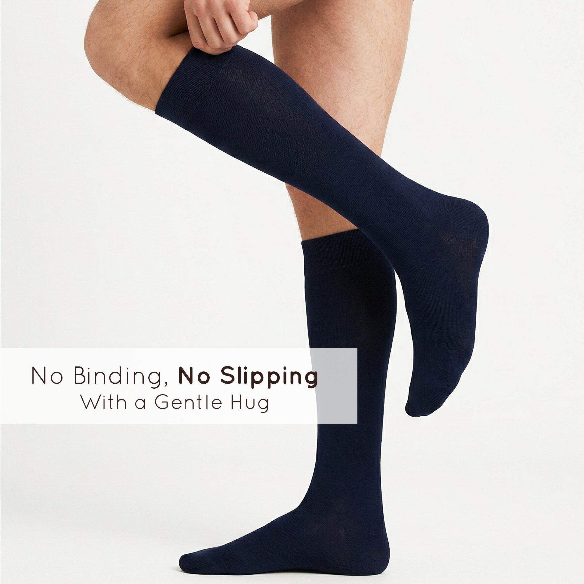 Unisex wearing navy Mysocks knee-high combed cotton socks