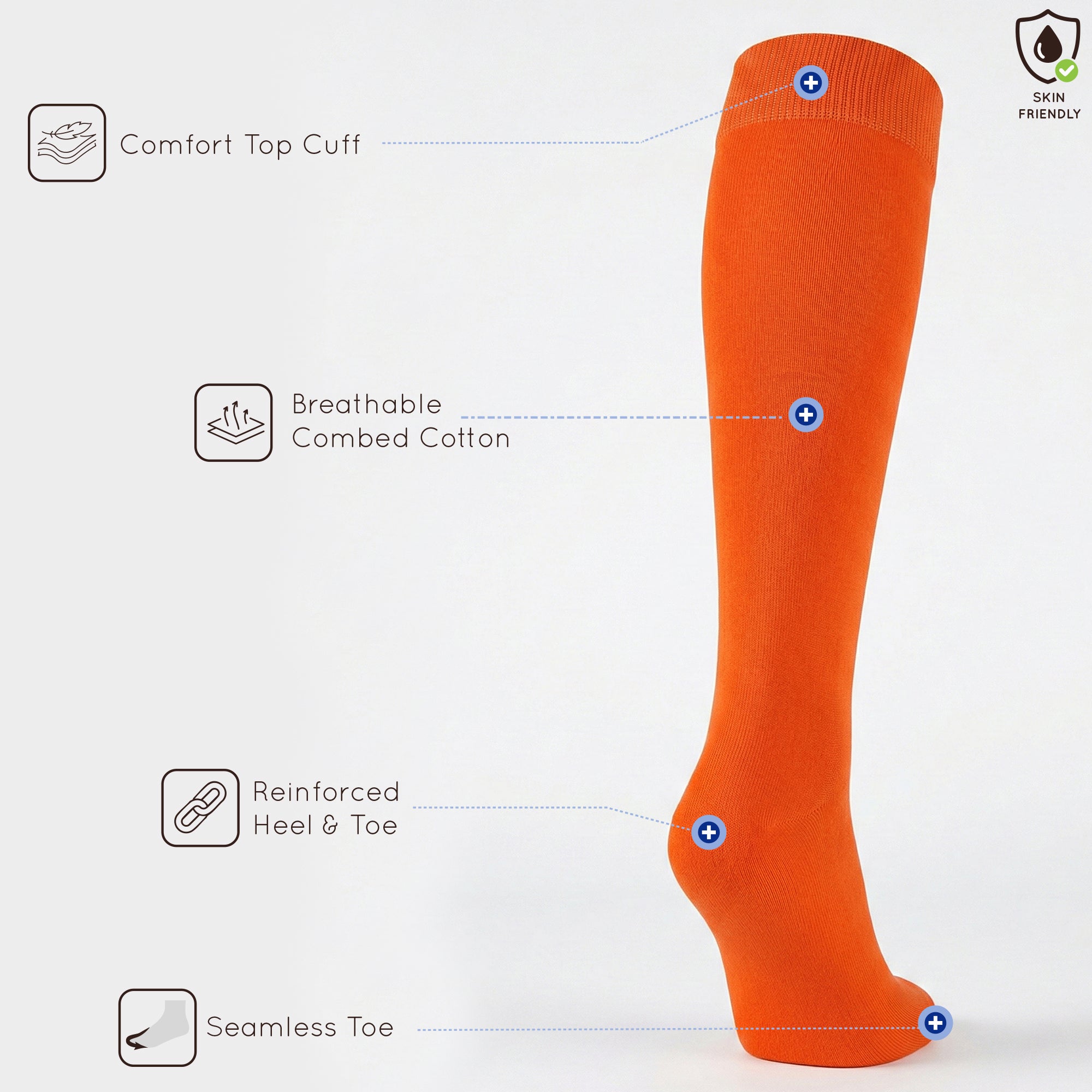 Unisex wearing orange Mysocks knee-high combed cotton socks