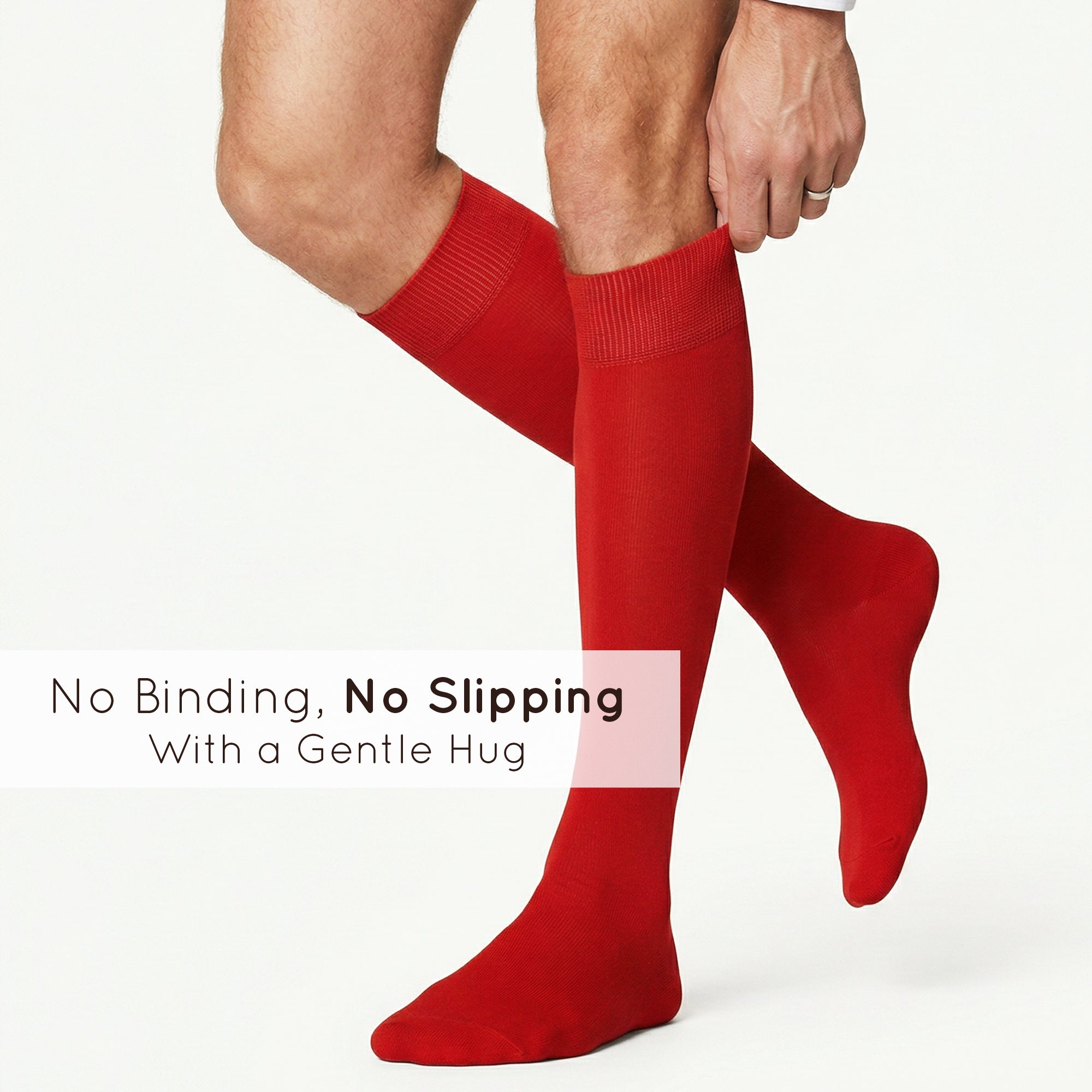 Unisex wearing red Mysocks knee-high combed cotton socks