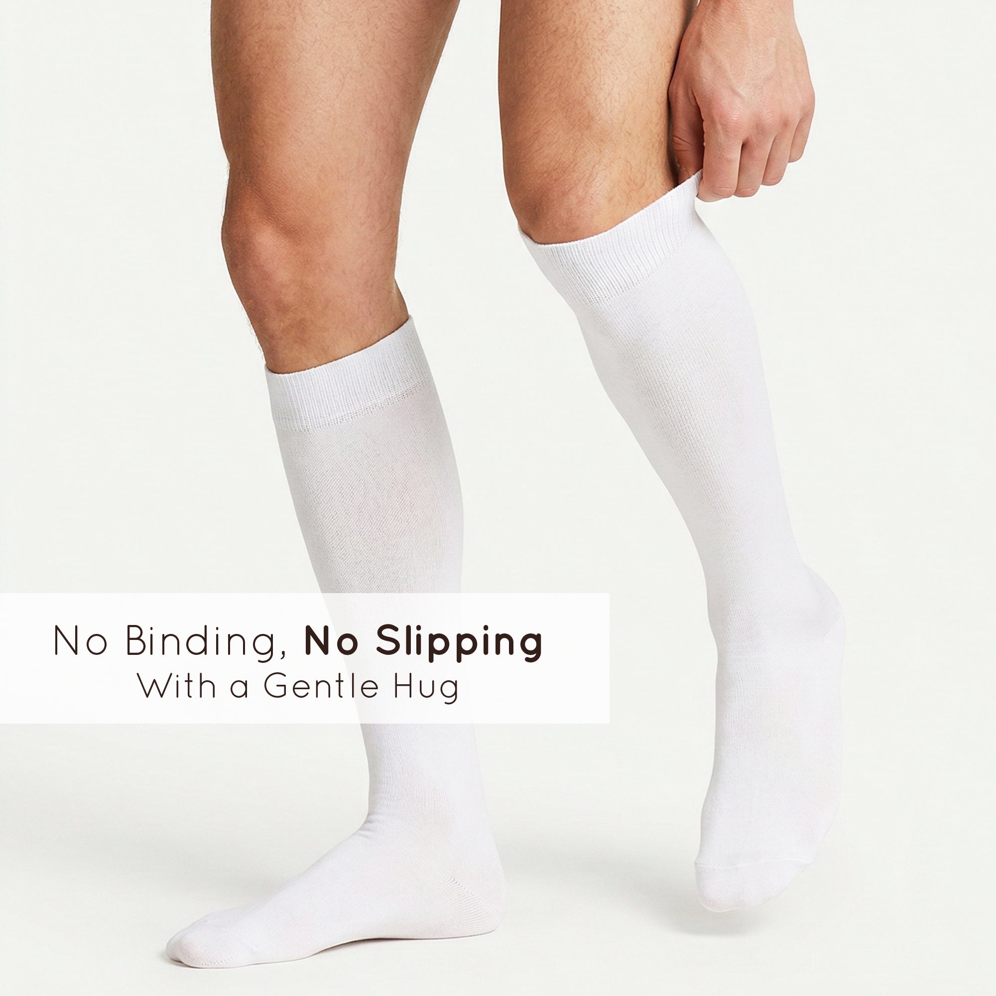 Unisex wearing white Mysocks knee-high combed cotton socks