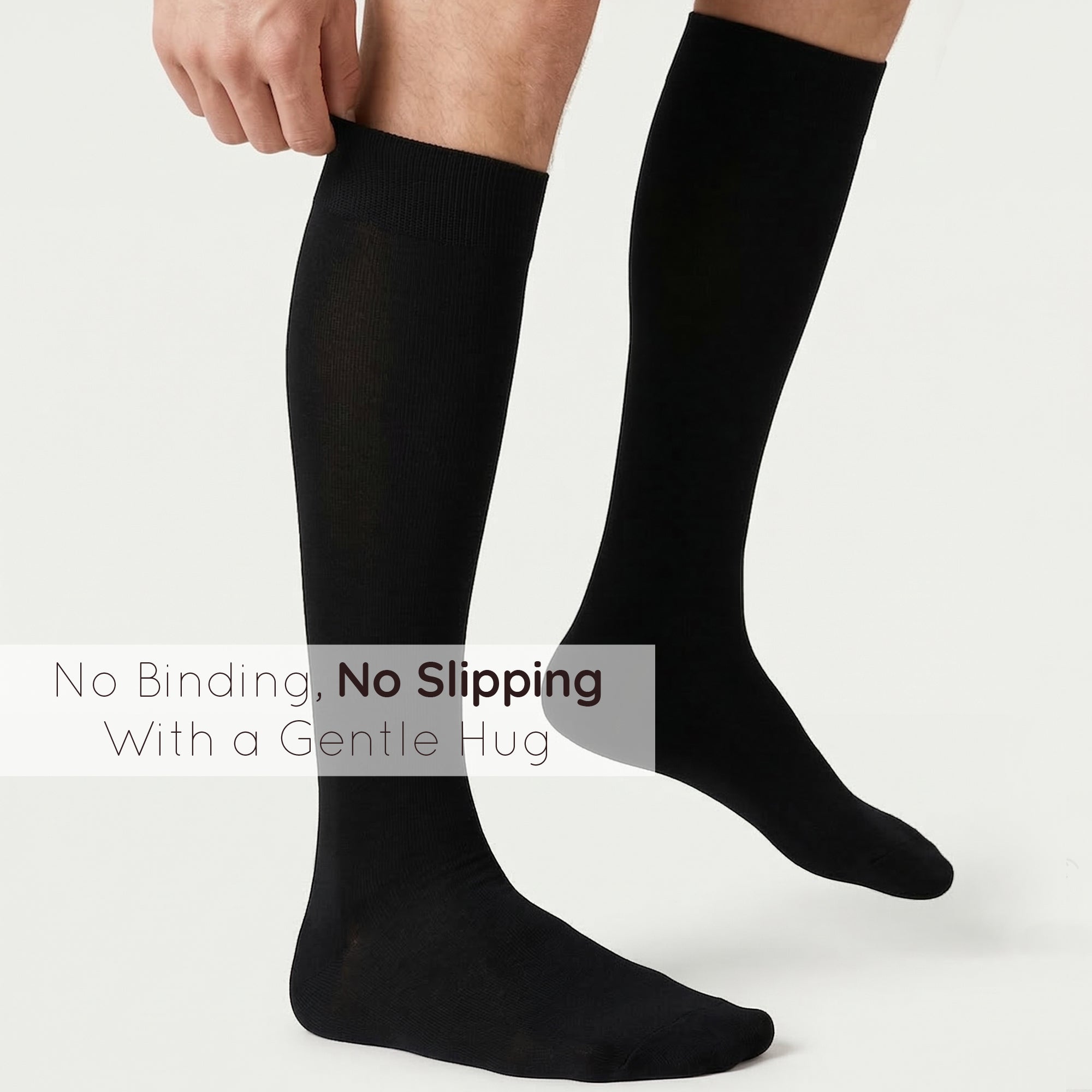 Unisex wearing black Mysocks knee-high combed cotton socks