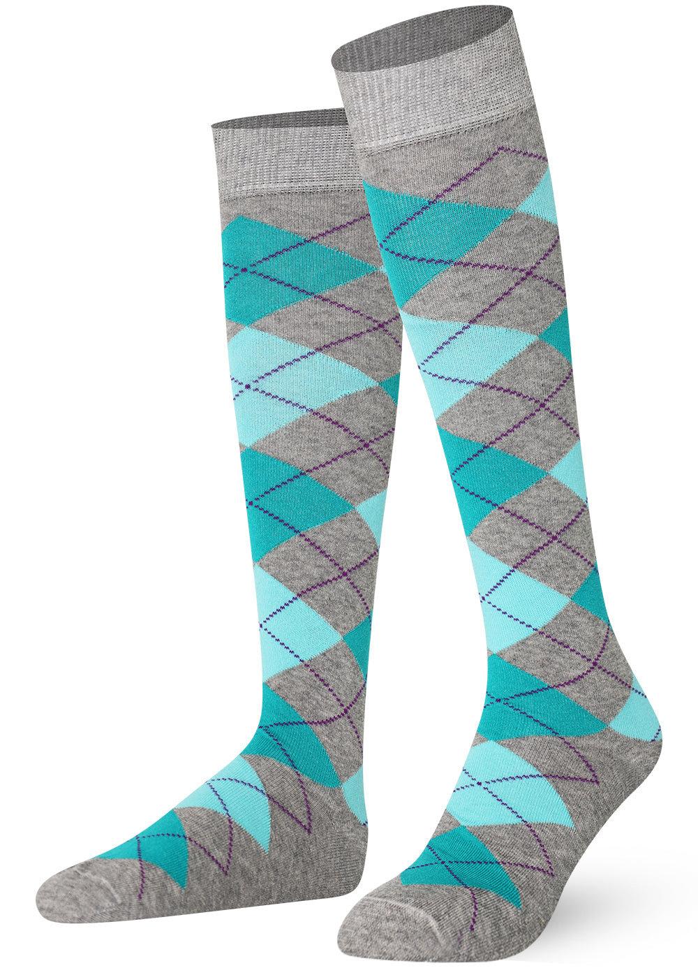 Pair of knee-high socks with Blue and gray argyle pattern
