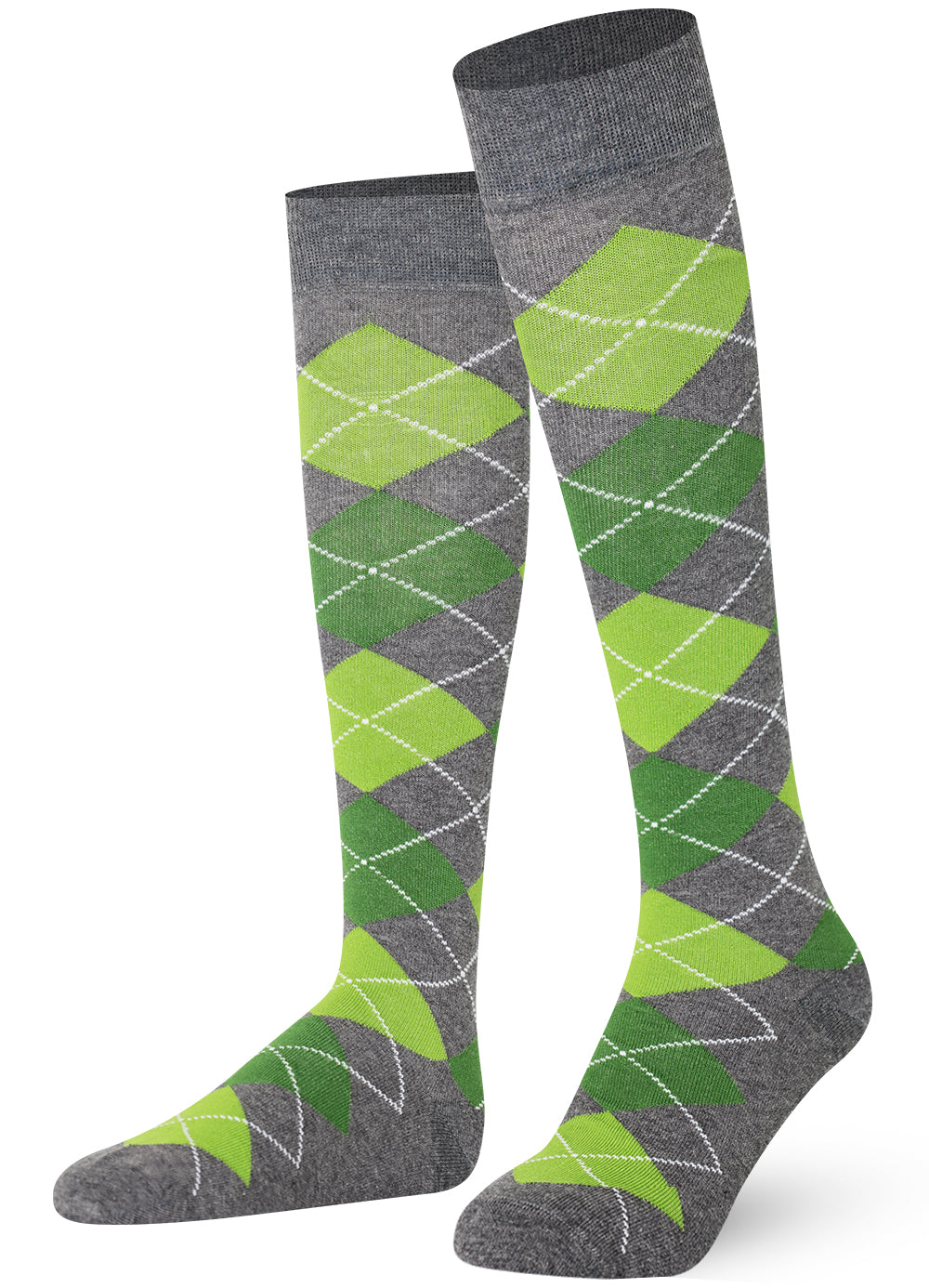 Gray knee-high socks with green argyle pattern 