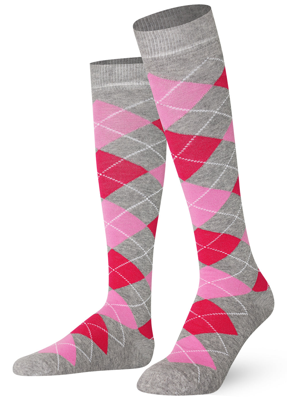 Pair of knee-high socks with pink and gray argyle pattern 