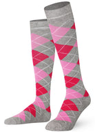 Pair of knee-high socks with pink and gray argyle pattern 