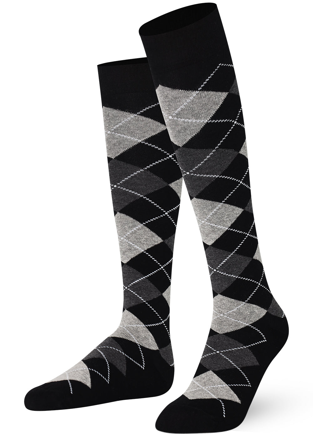 Black knee-high socks with gray argyle pattern 