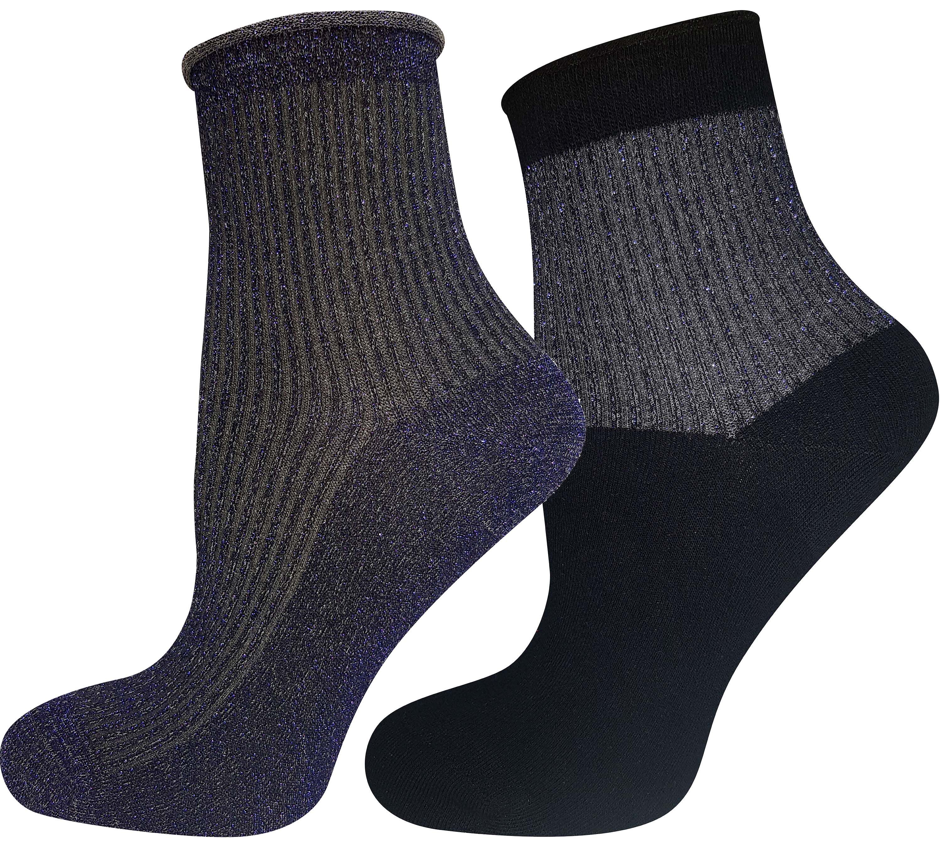 Mysocks women's luxury glitter ribbed ankle socks, featuring a 2-pair pack in sparkling metallic colors made with premium Lurex fabric.