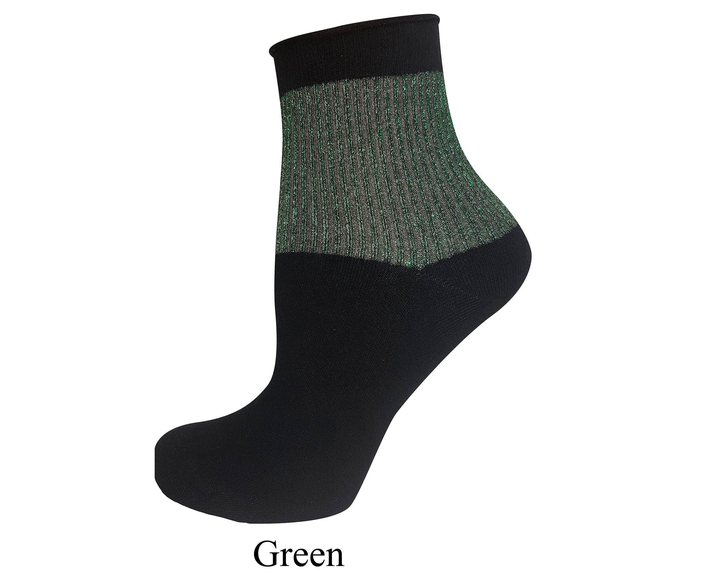 Women's luxury black ankle sock featuring a half glittered sparkly top Green