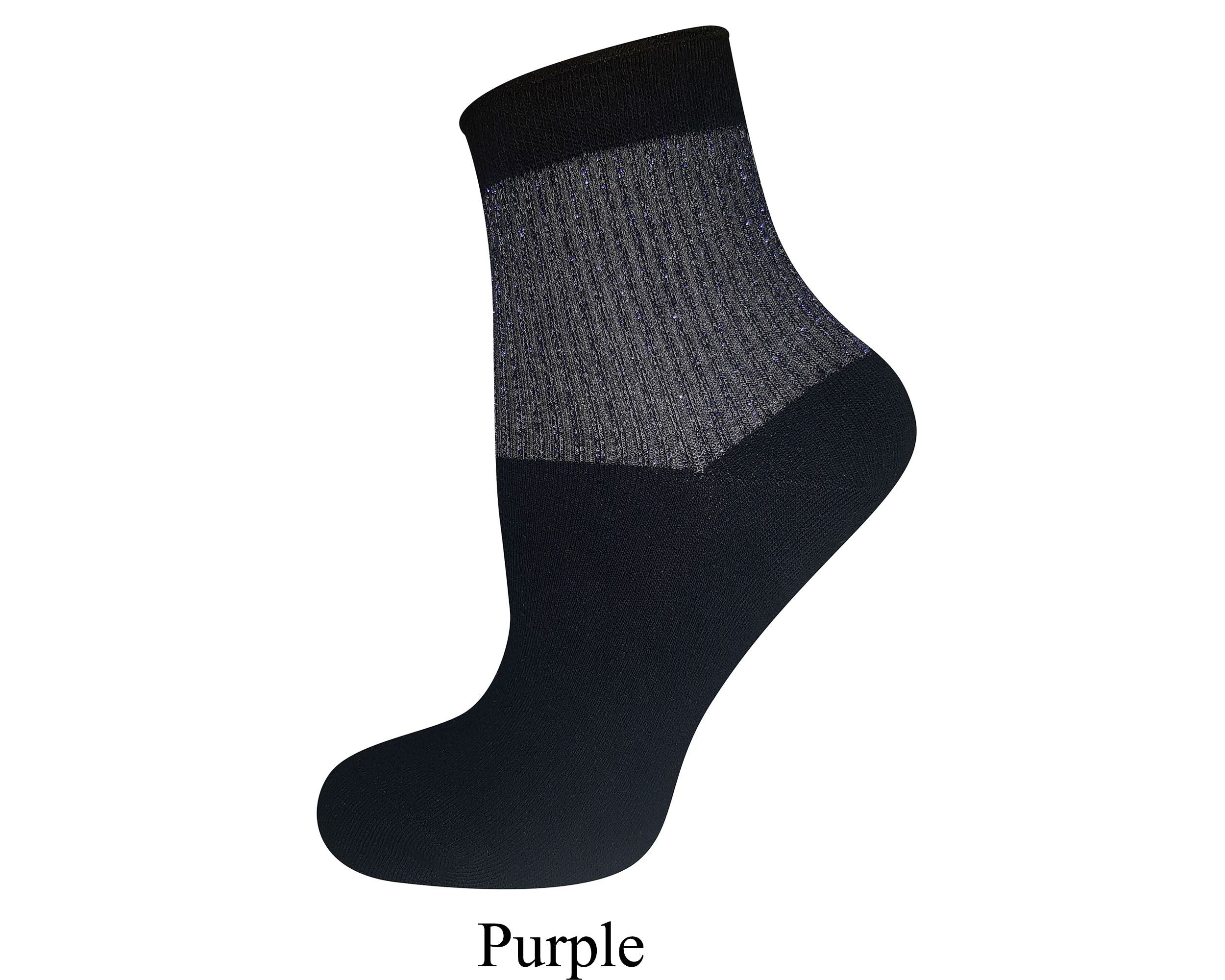 Women's luxury black ankle sock featuring a half glittered sparkly top Purple