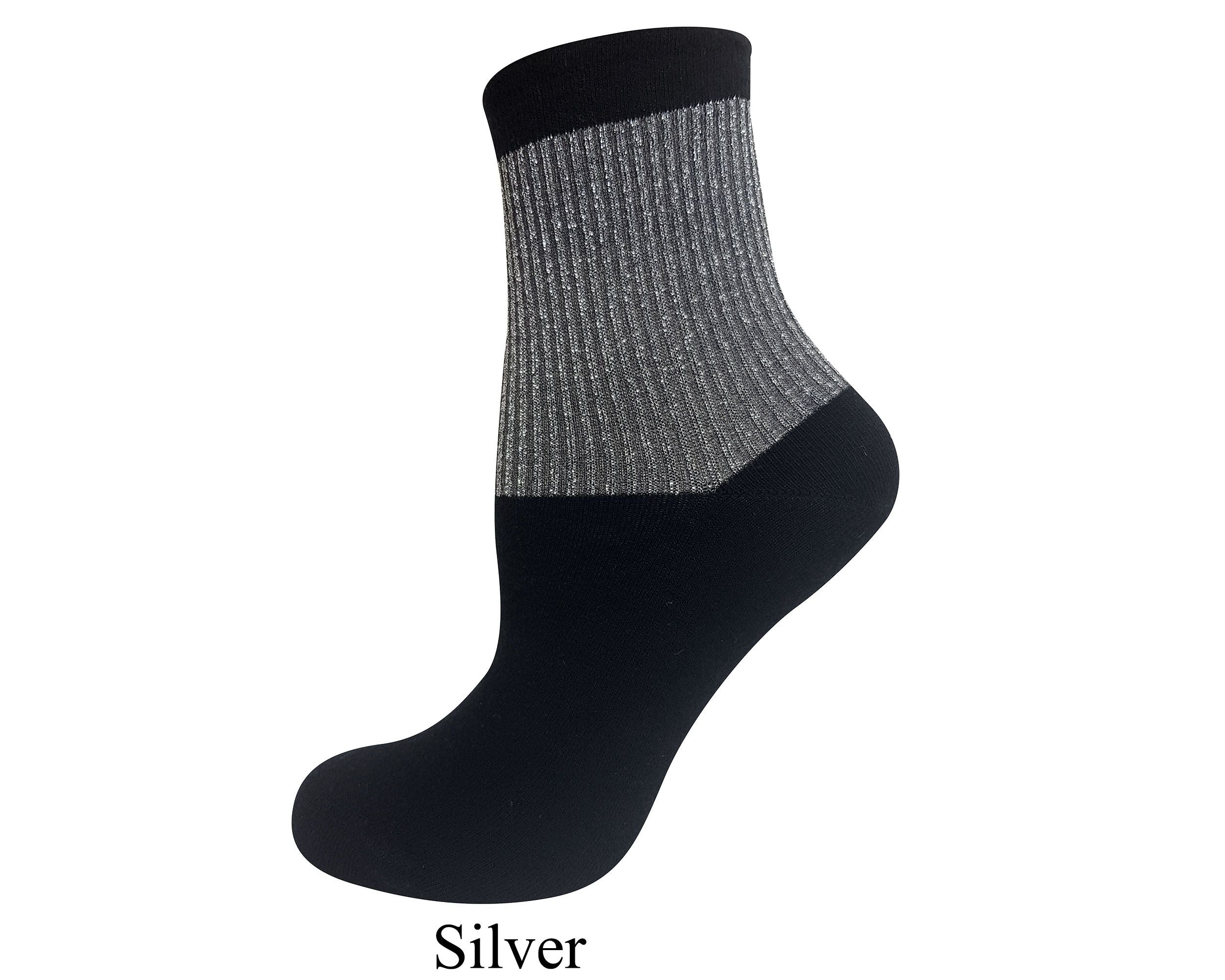 Women's luxury black ankle sock featuring a half glittered sparkly top silver