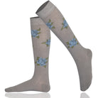 Gray knee-high socks with blue floral patterns