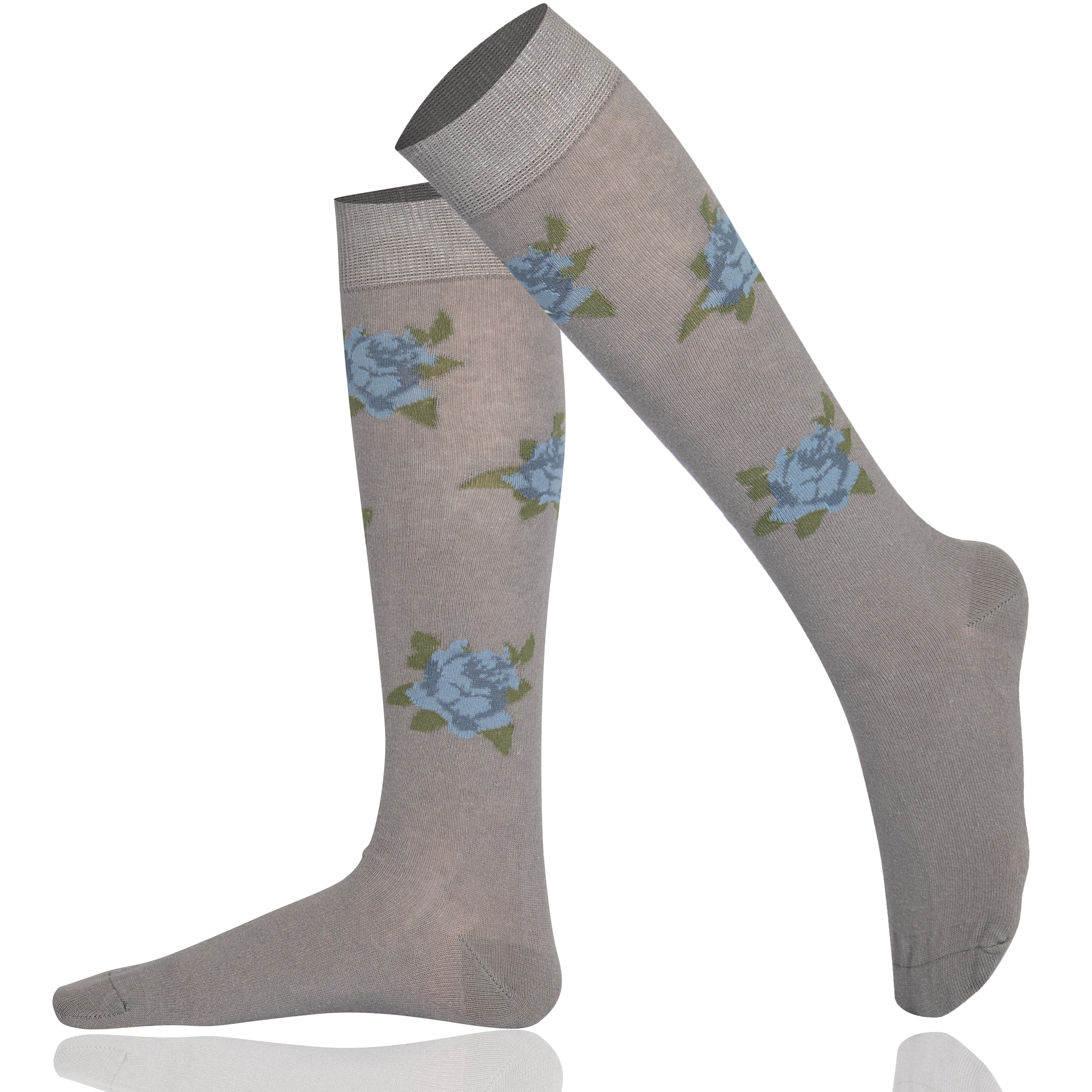 Gray knee-high socks with blue floral patterns