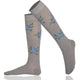 Gray knee-high socks with blue floral patterns