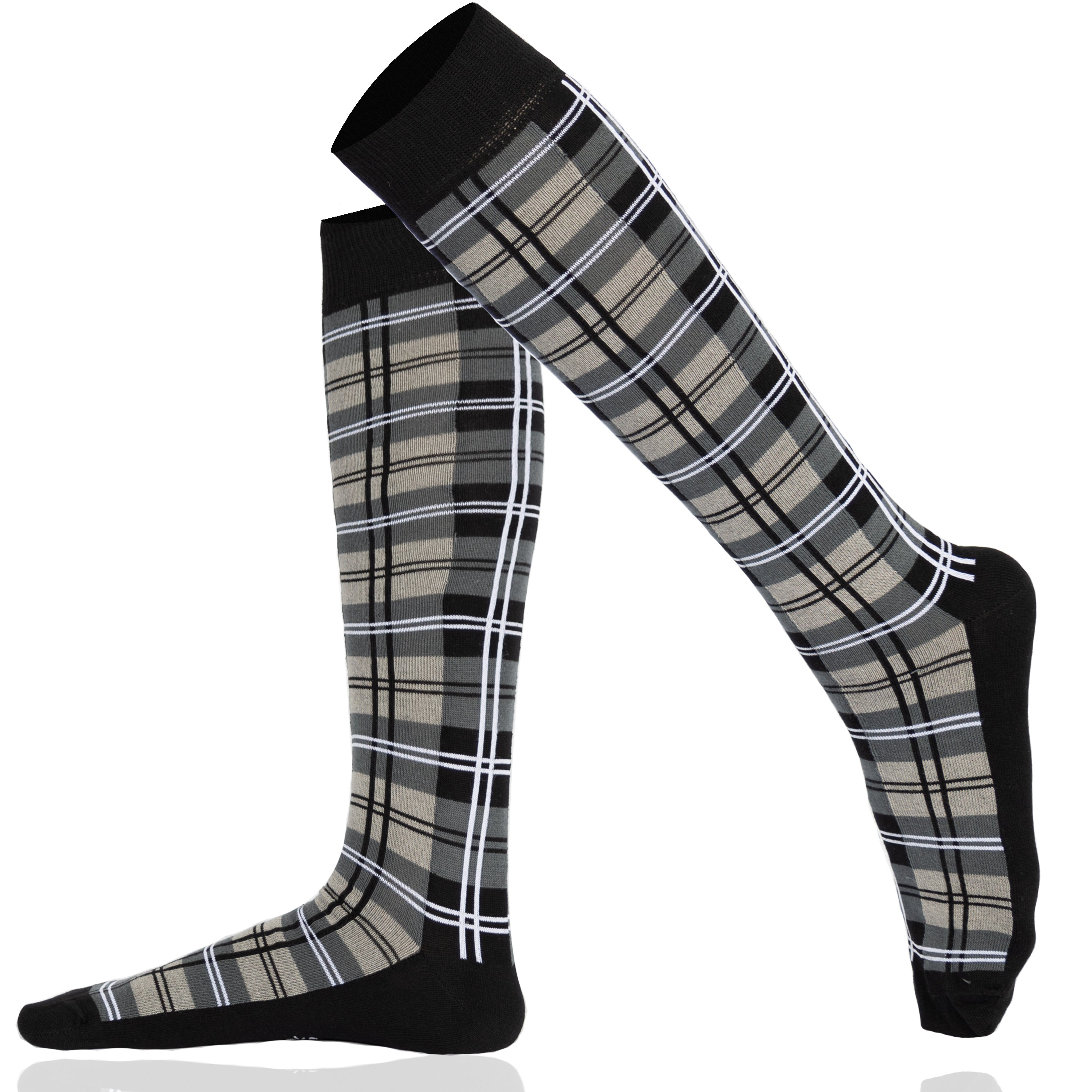 Plaid knee-high socks with black accents on a white background