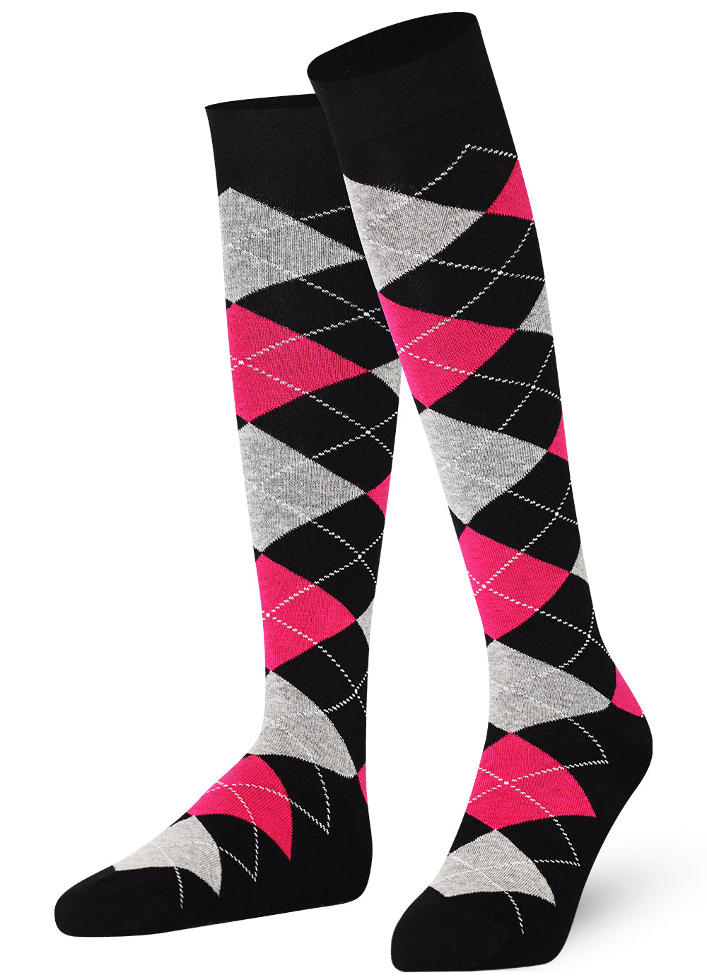 Unisex wearing Argyle black and pink Mysocks knee-high combed cotton socks