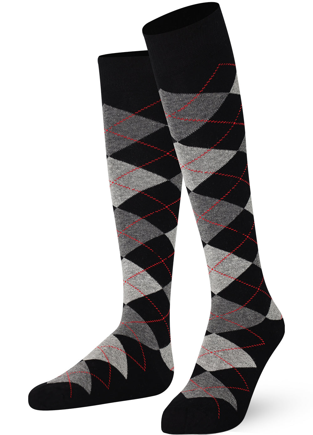 Unisex wearing Argyle Black Red Line Mysocks knee-high combed cotton socks