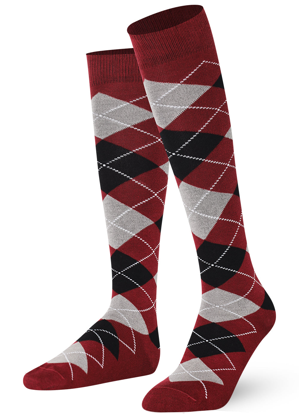 Knee-high socks with argyle pattern in burgundy, black, and gray 