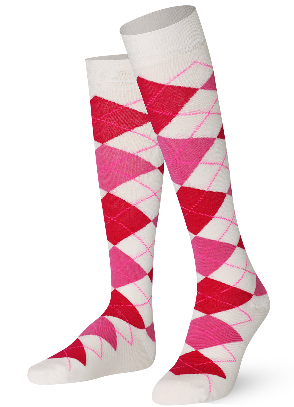 White and pink Mysocks argyle knee high socks made of extra fine combed cotton.