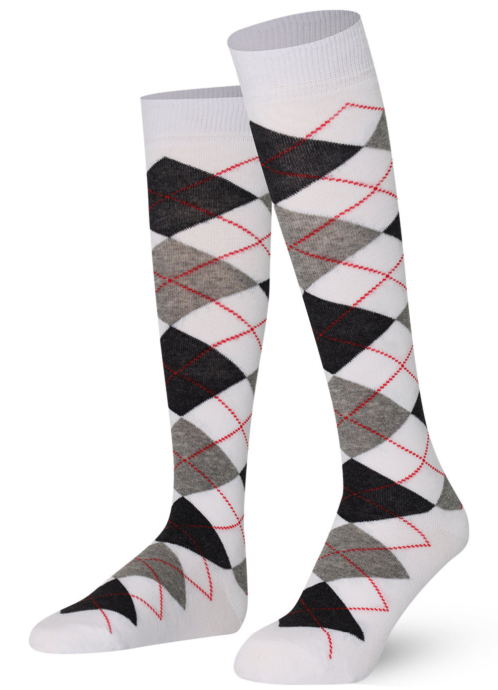 Unisex wearing argyle white Mysocks knee-high combed cotton socks