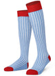 Knee-high socks with blue and white ribbed and red accents
