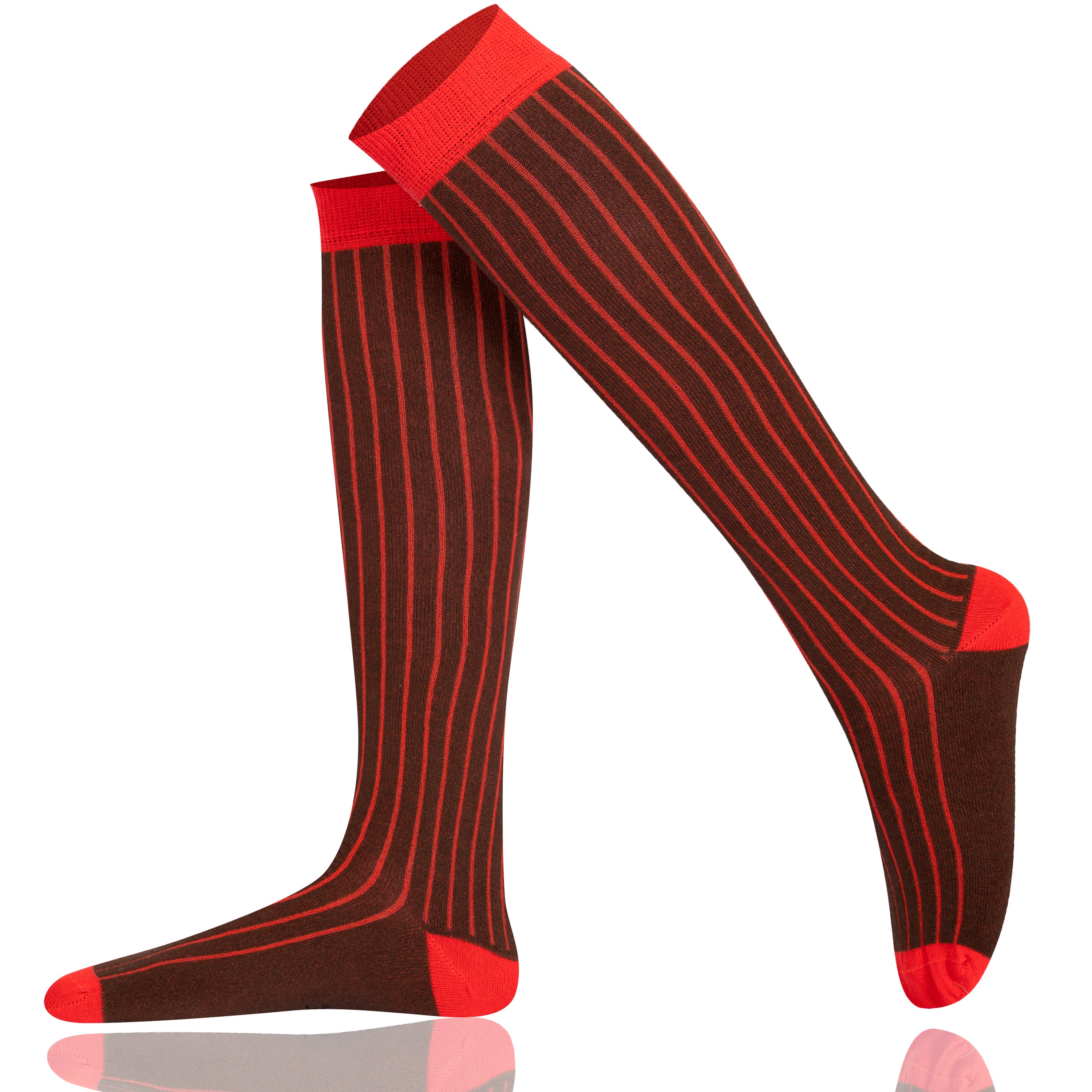 Brown knee-high socks with red ribbed 